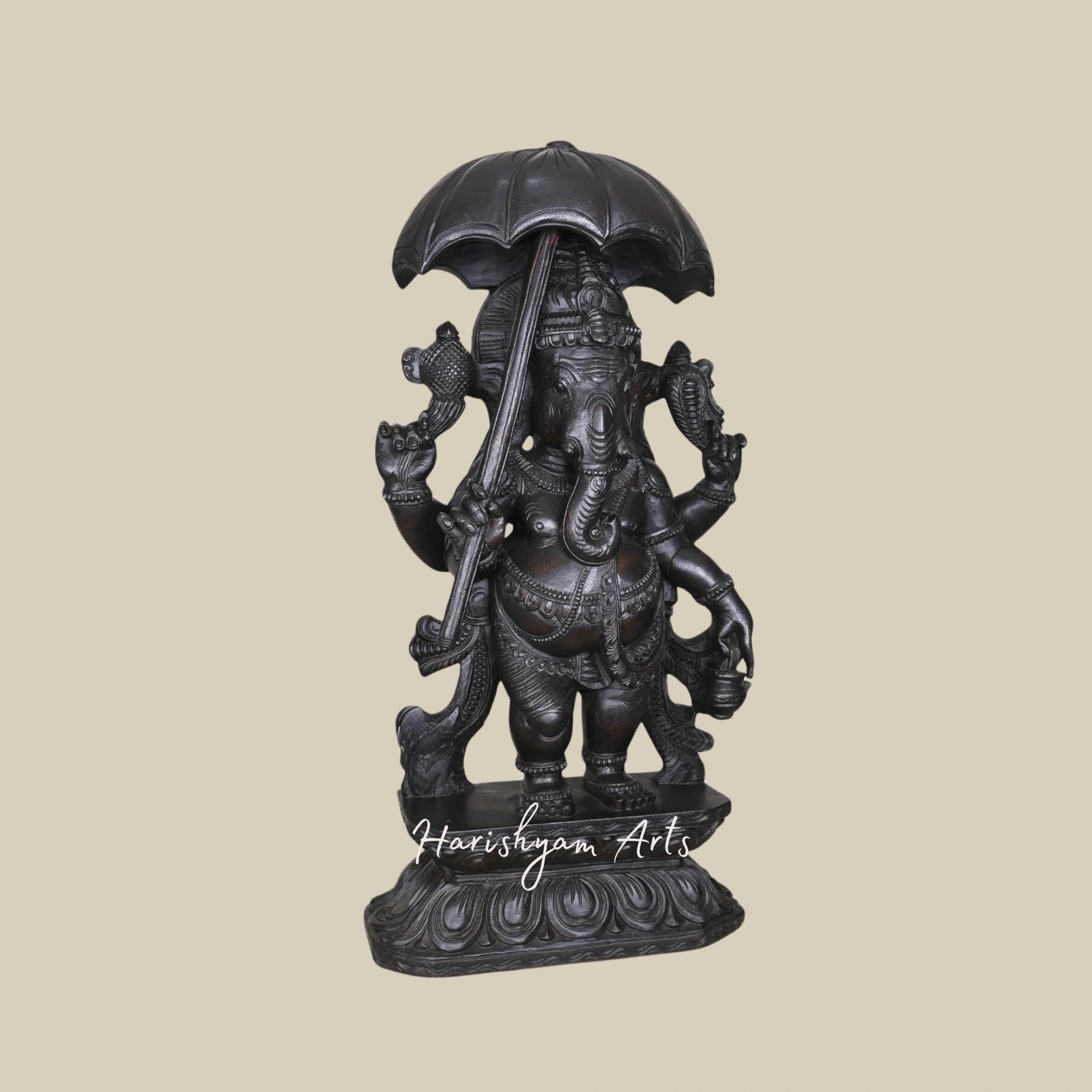 36" Carved Wooden Standing Lord Ganesha Idol with Kamandalu and Chatra2
