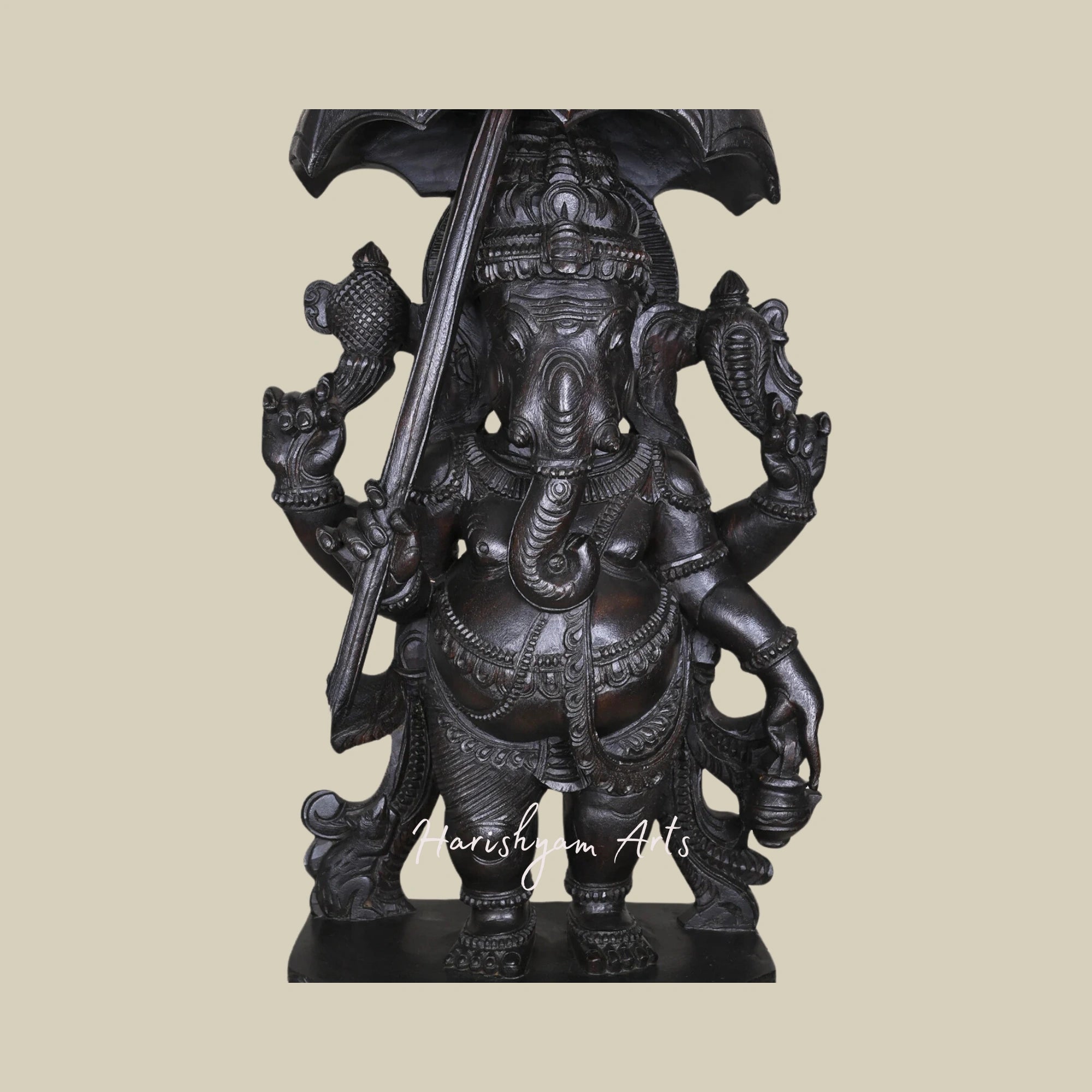 36" Carved Wooden Standing Lord Ganesha Idol with Kamandalu and Chatra3