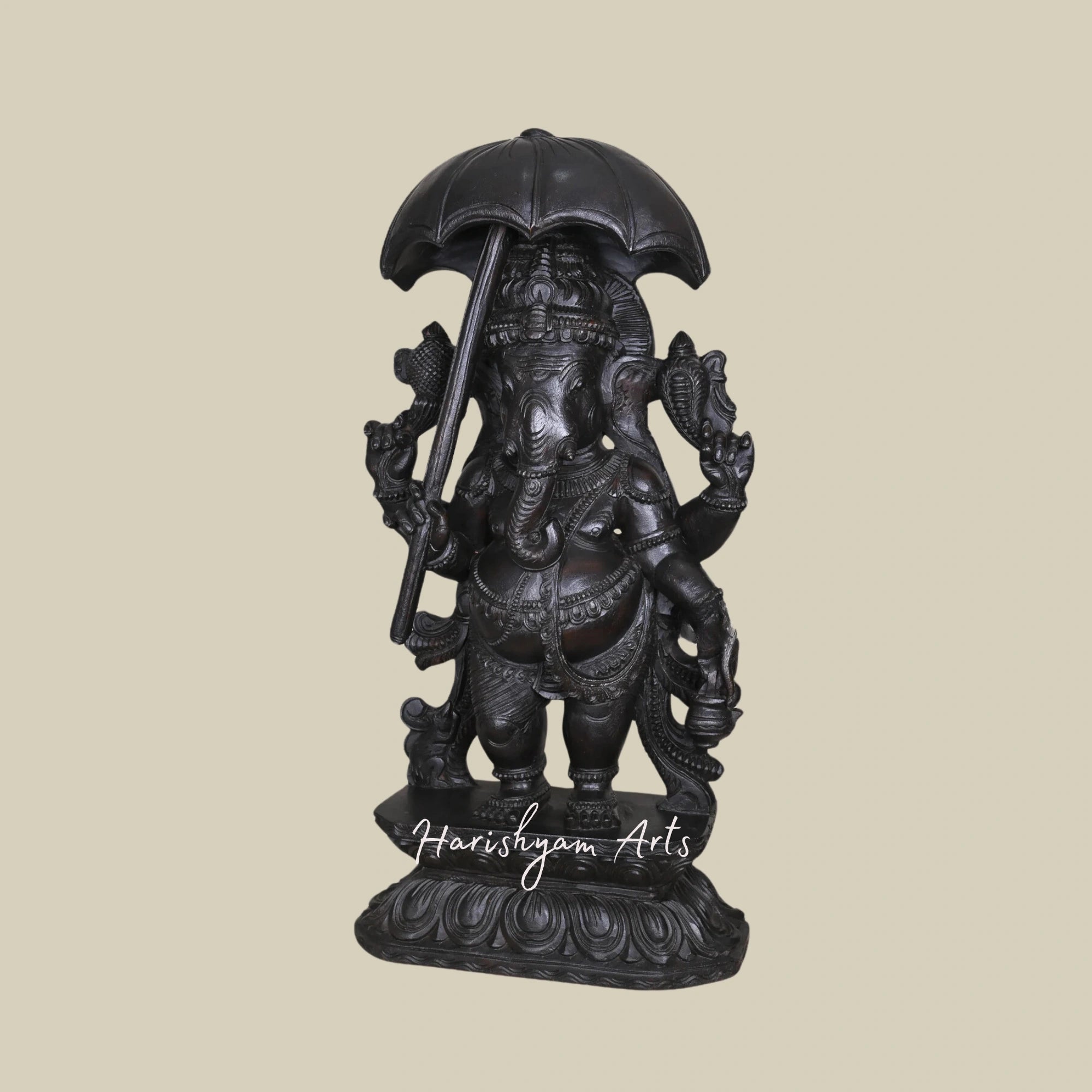 36" Carved Wooden Standing Lord Ganesha Idol with Kamandalu and Chatra4