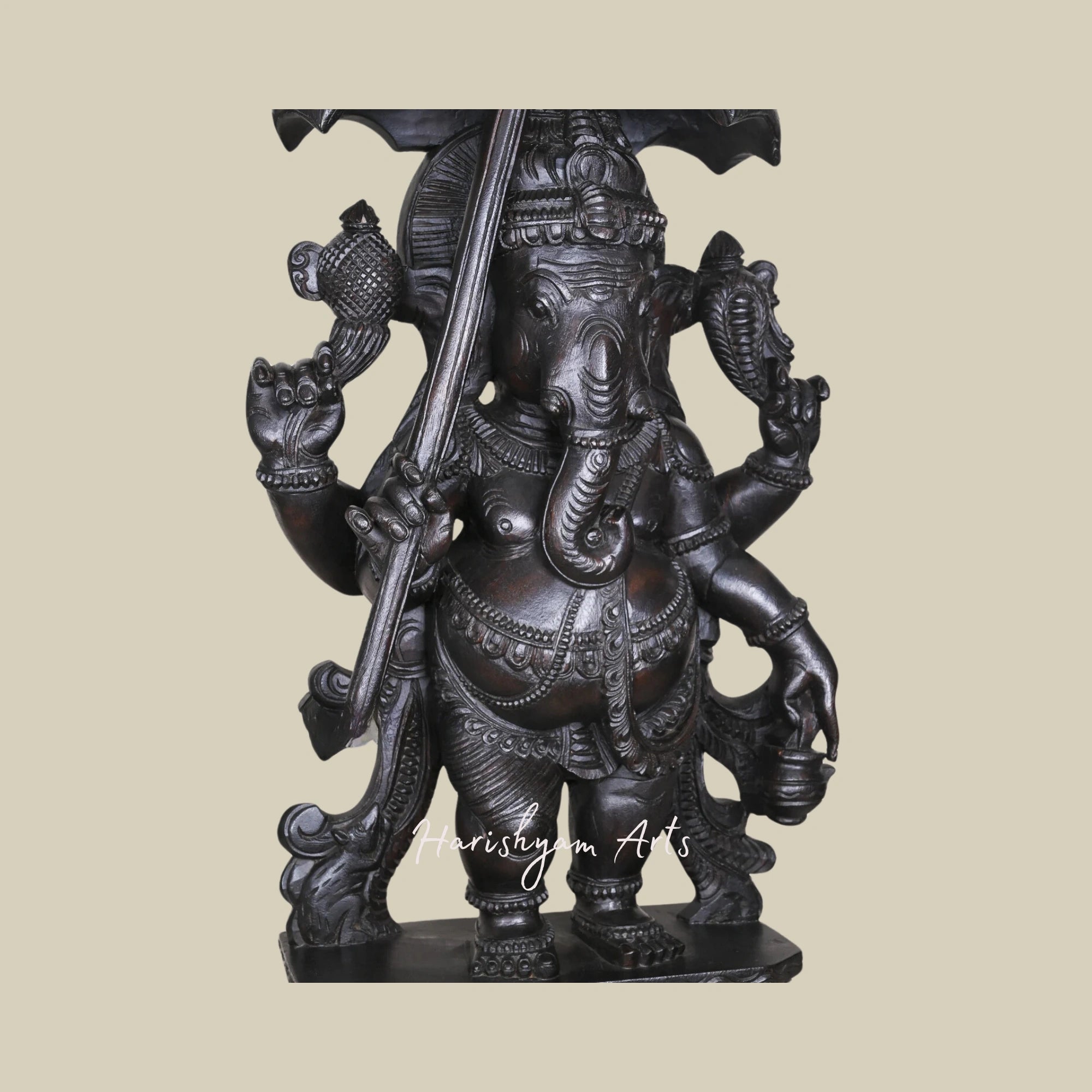 36" Carved Wooden Standing Lord Ganesha Idol with Kamandalu and Chatra5