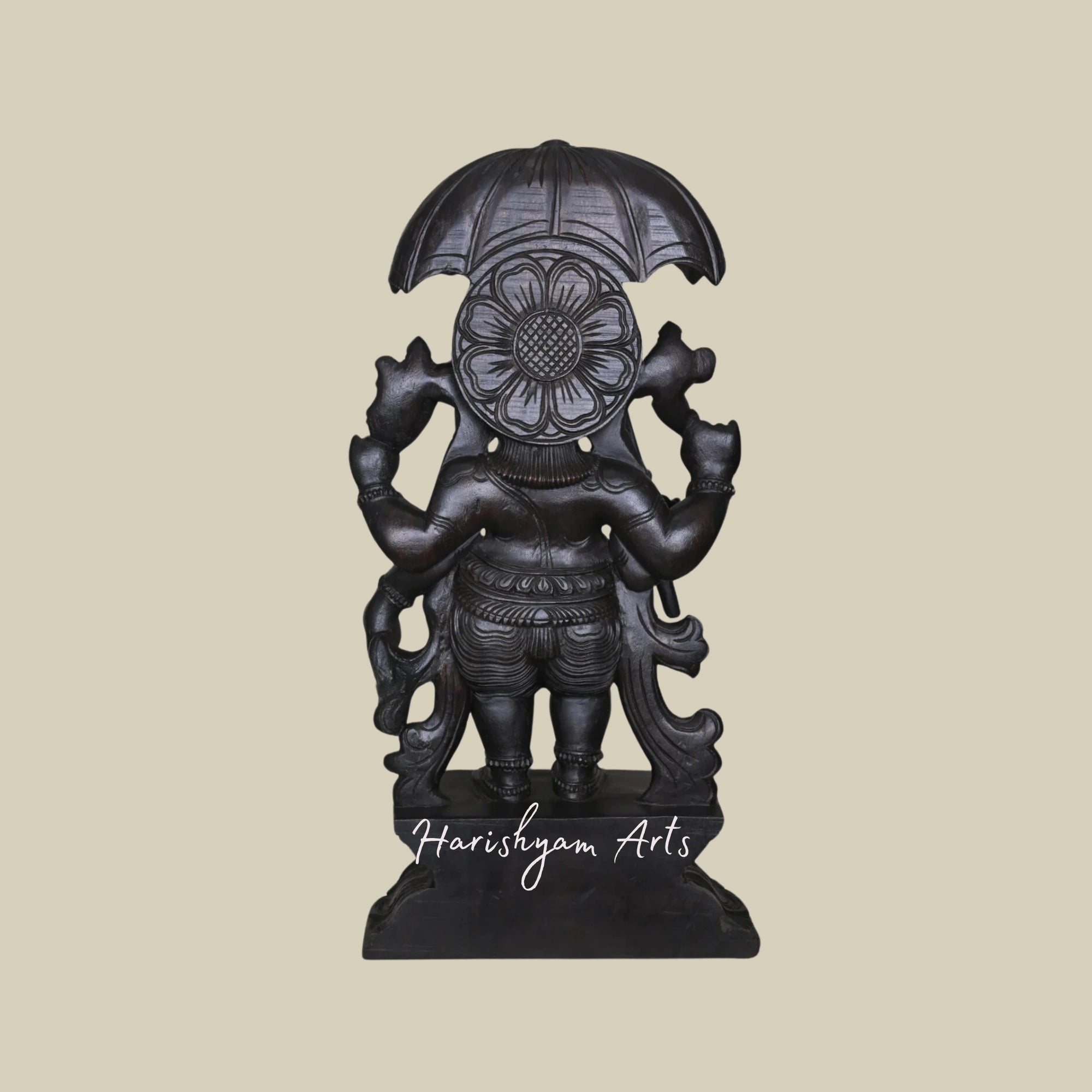 36" Carved Wooden Standing Lord Ganesha Idol with Kamandalu and Chatra6