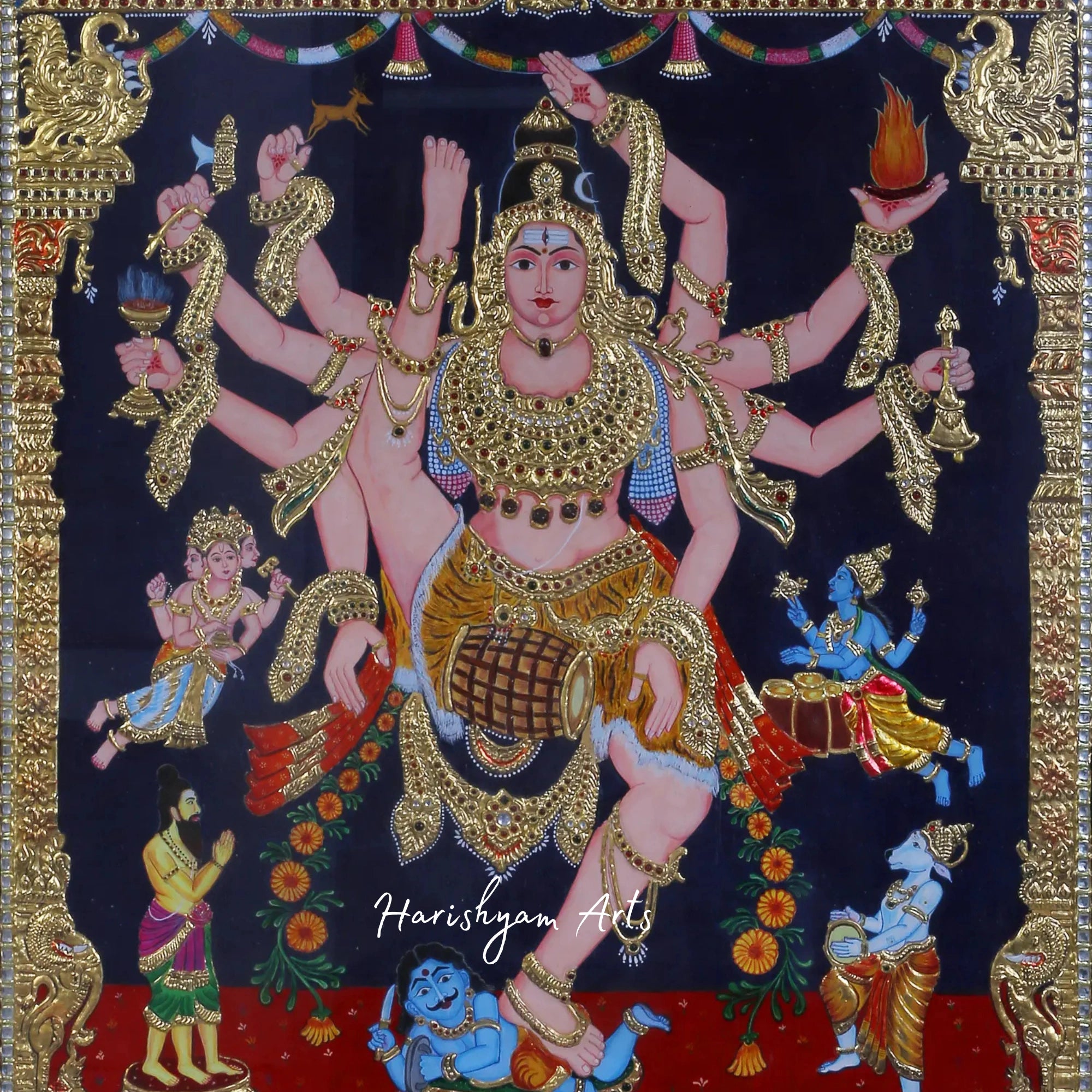 36" Dancing Shiva in Dynamic Pose Tanjore Painting with 24K Gold Accents