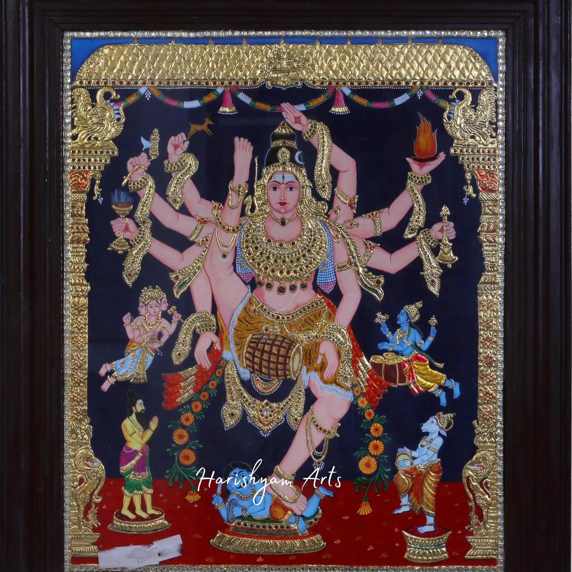 36" Dancing Shiva in Dynamic Pose Tanjore Painting with 24K Gold Accents