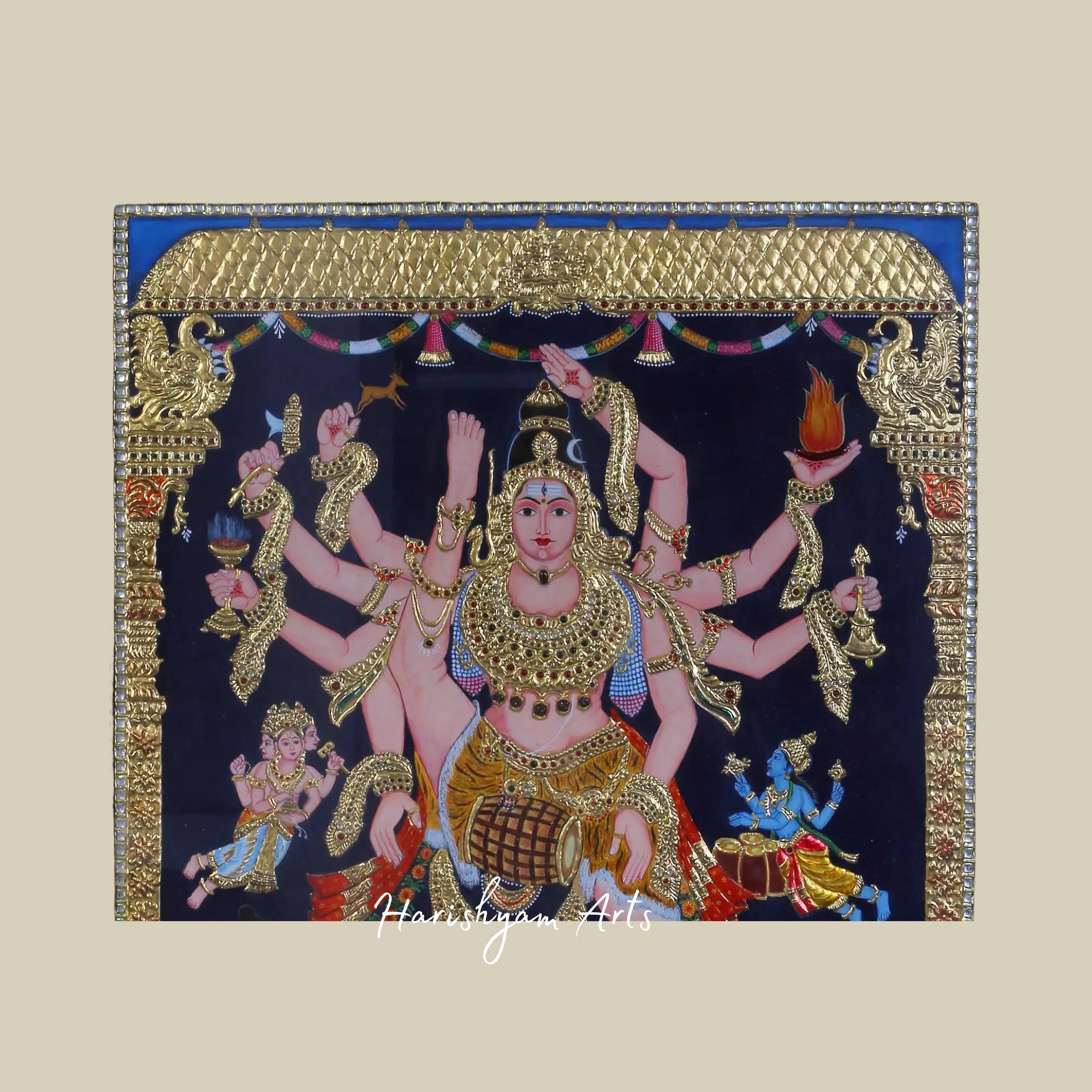 36" Dancing Shiva in Dynamic Pose Tanjore Painting with 24K Gold Accents
