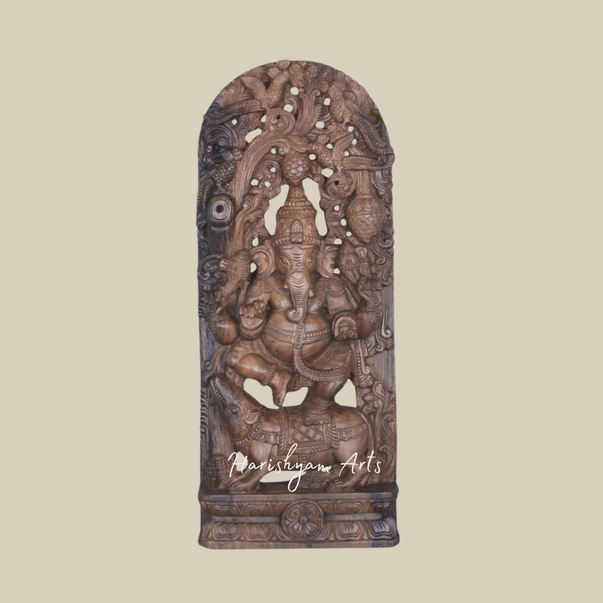 36" Dancing Wooden Ganesha Idol on Rat with Jali Work