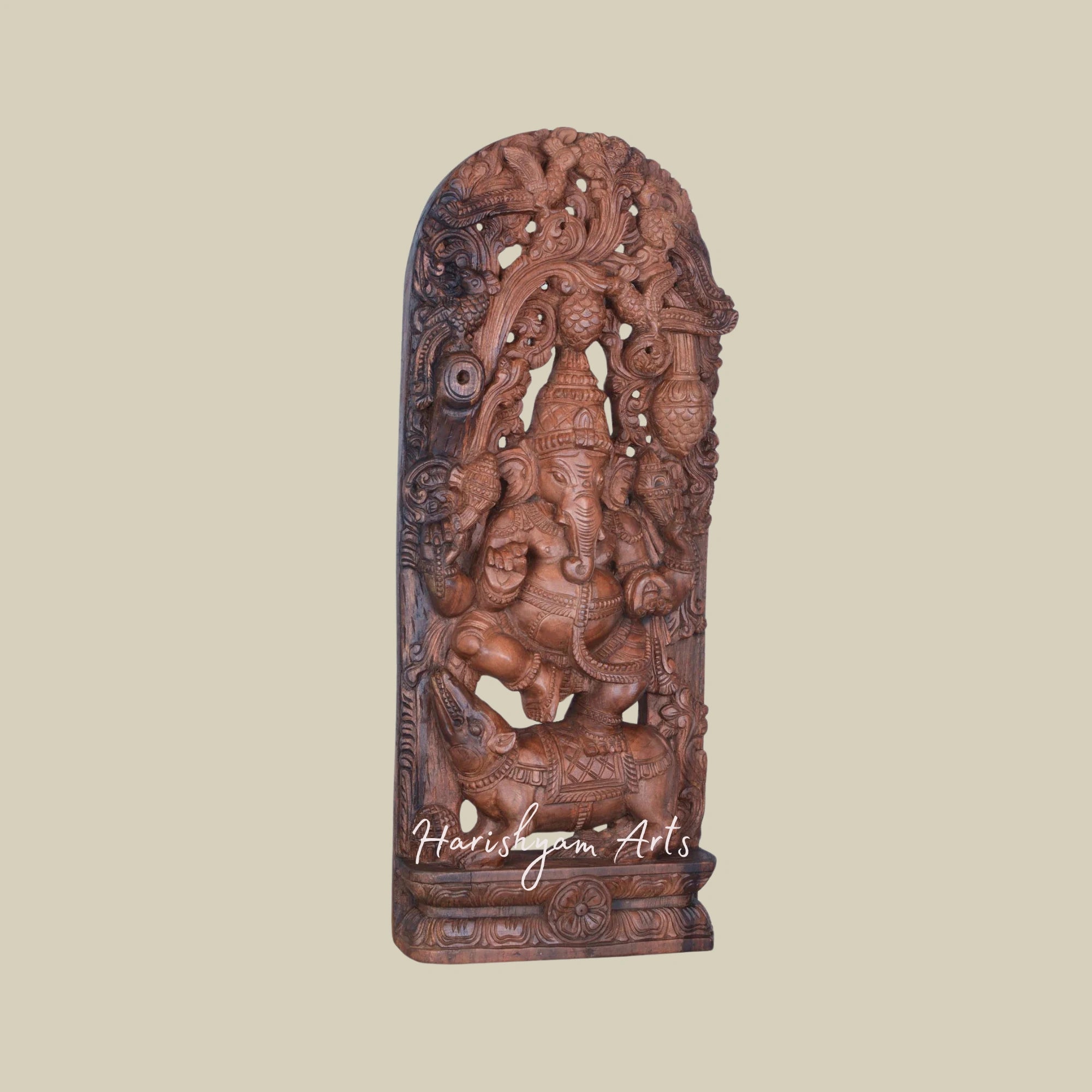 36" Dancing Wooden Ganesha Idol on Rat with Jali Work1