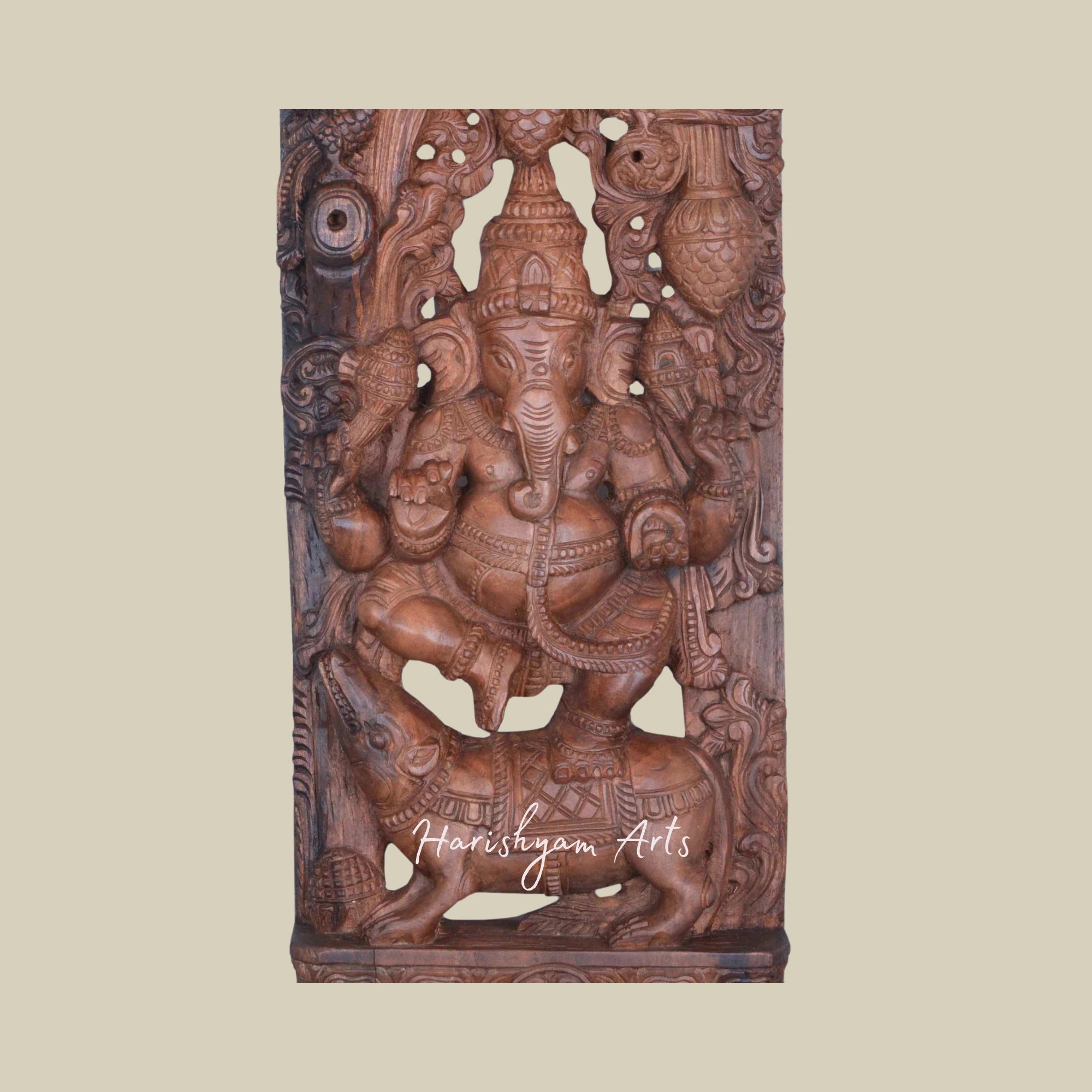 36" Dancing Wooden Ganesha Idol on Rat with Jali Work2