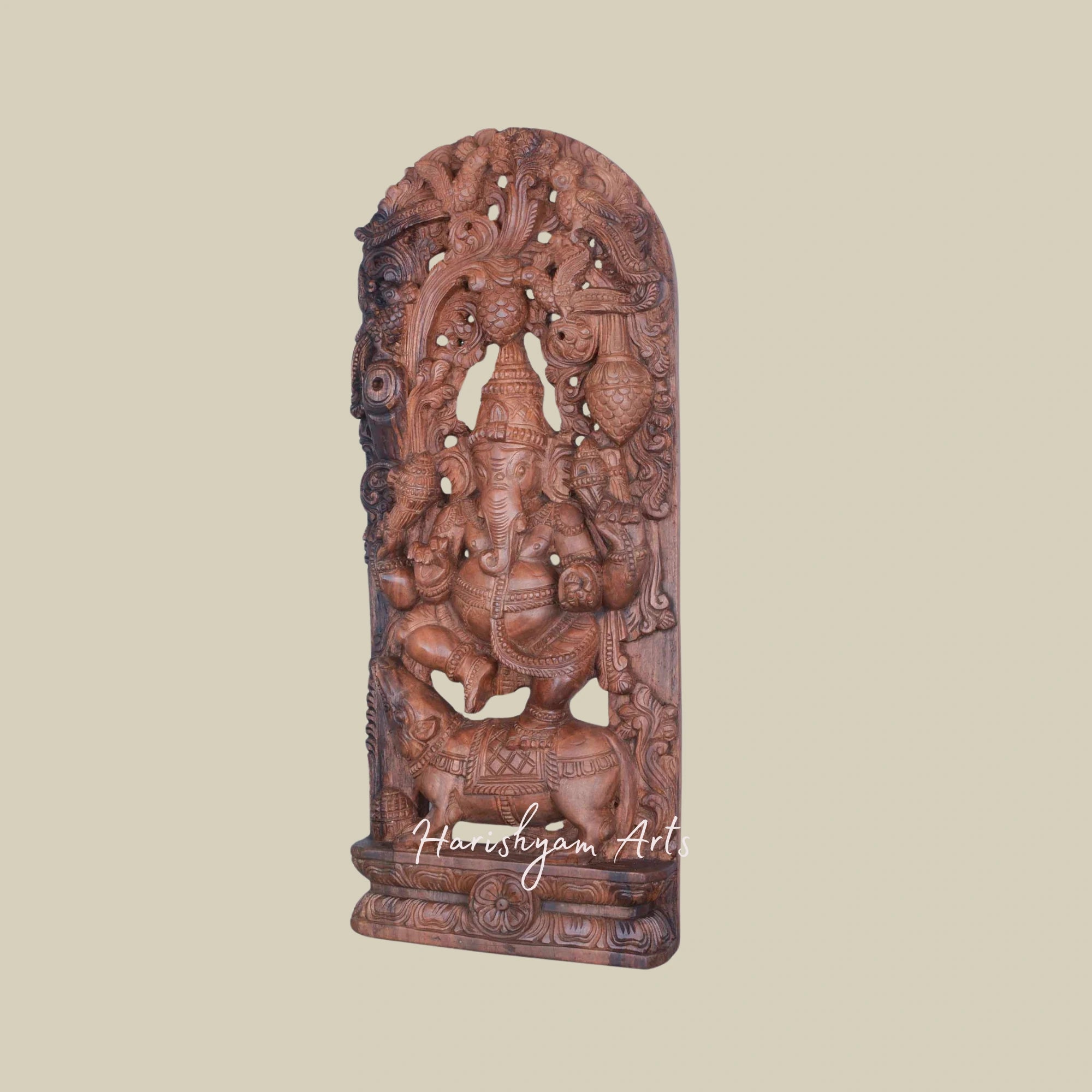 36" Dancing Wooden Ganesha Idol on Rat with Jali Work3