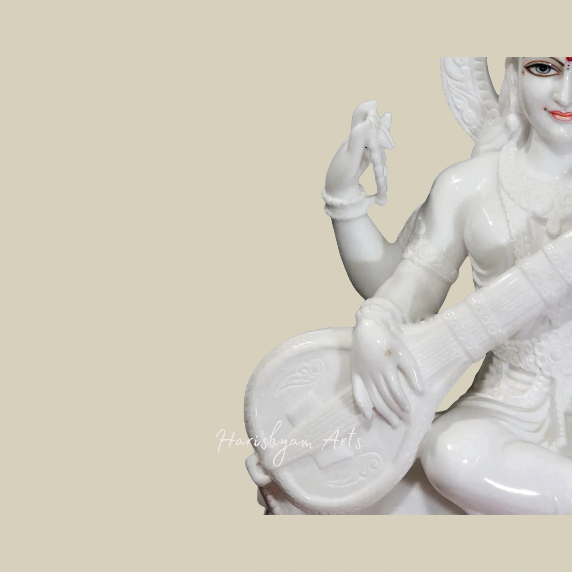 36" Divine Maa Saraswati Statue for Temple Vietnam White Marble Sculpture