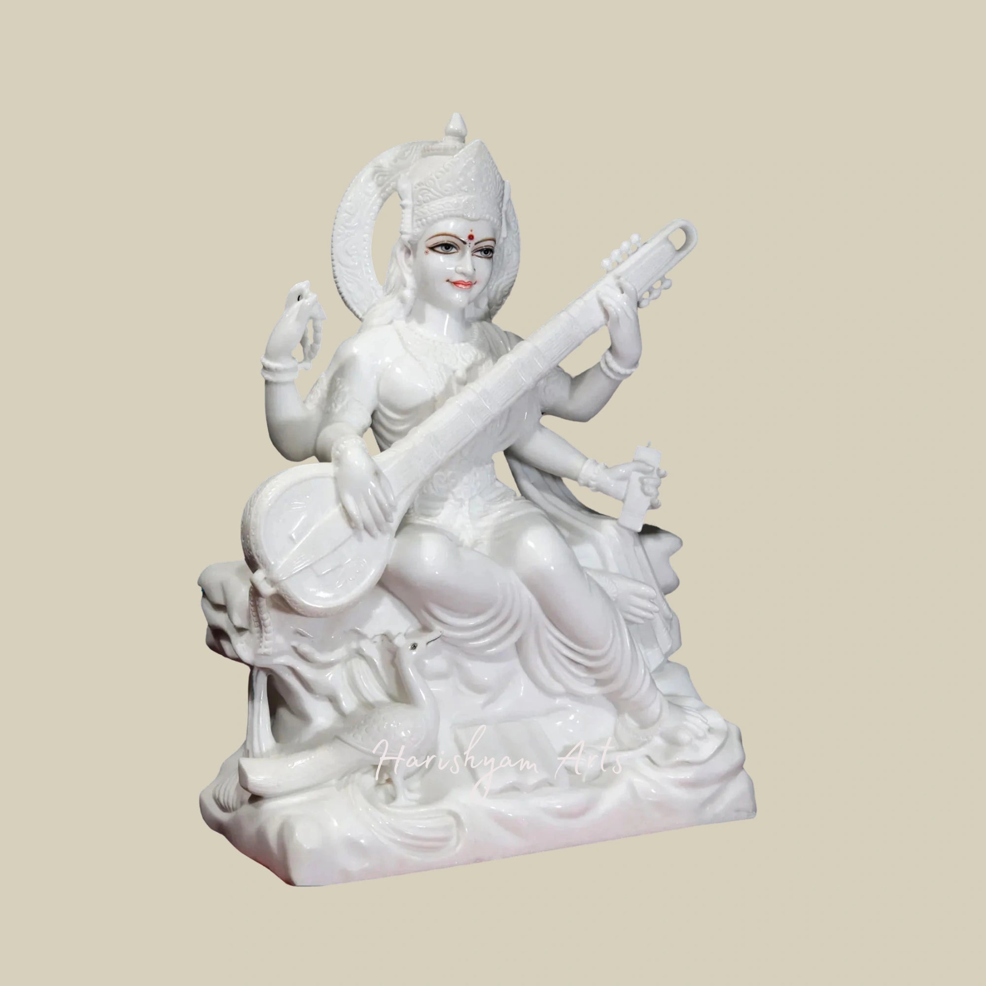 36" Divine Maa Saraswati Statue for Temple Vietnam White Marble Sculpture3
