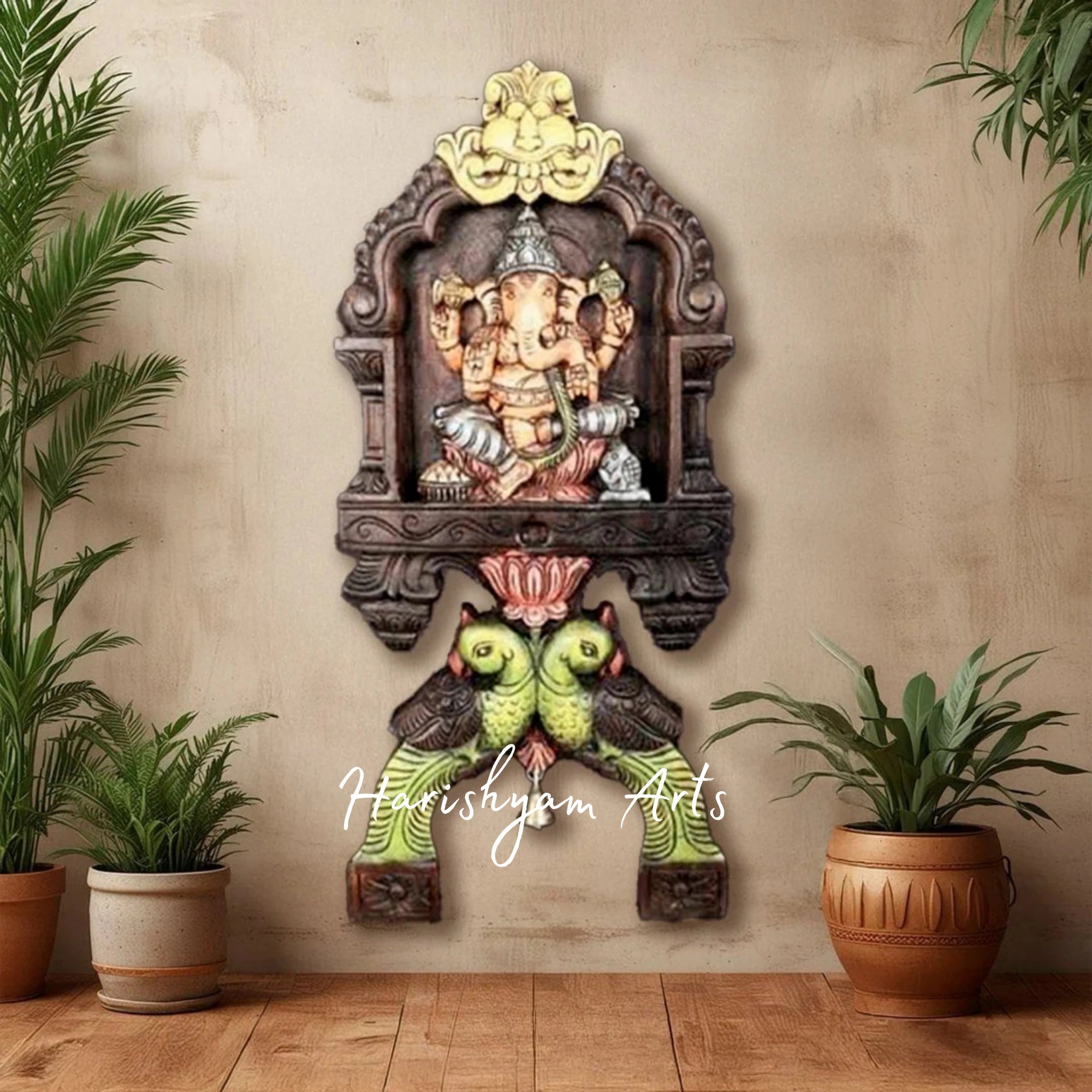 36" Exquisite Wooden Ganesha and Lakshmi Kavadi Panel with Parrot Carvings