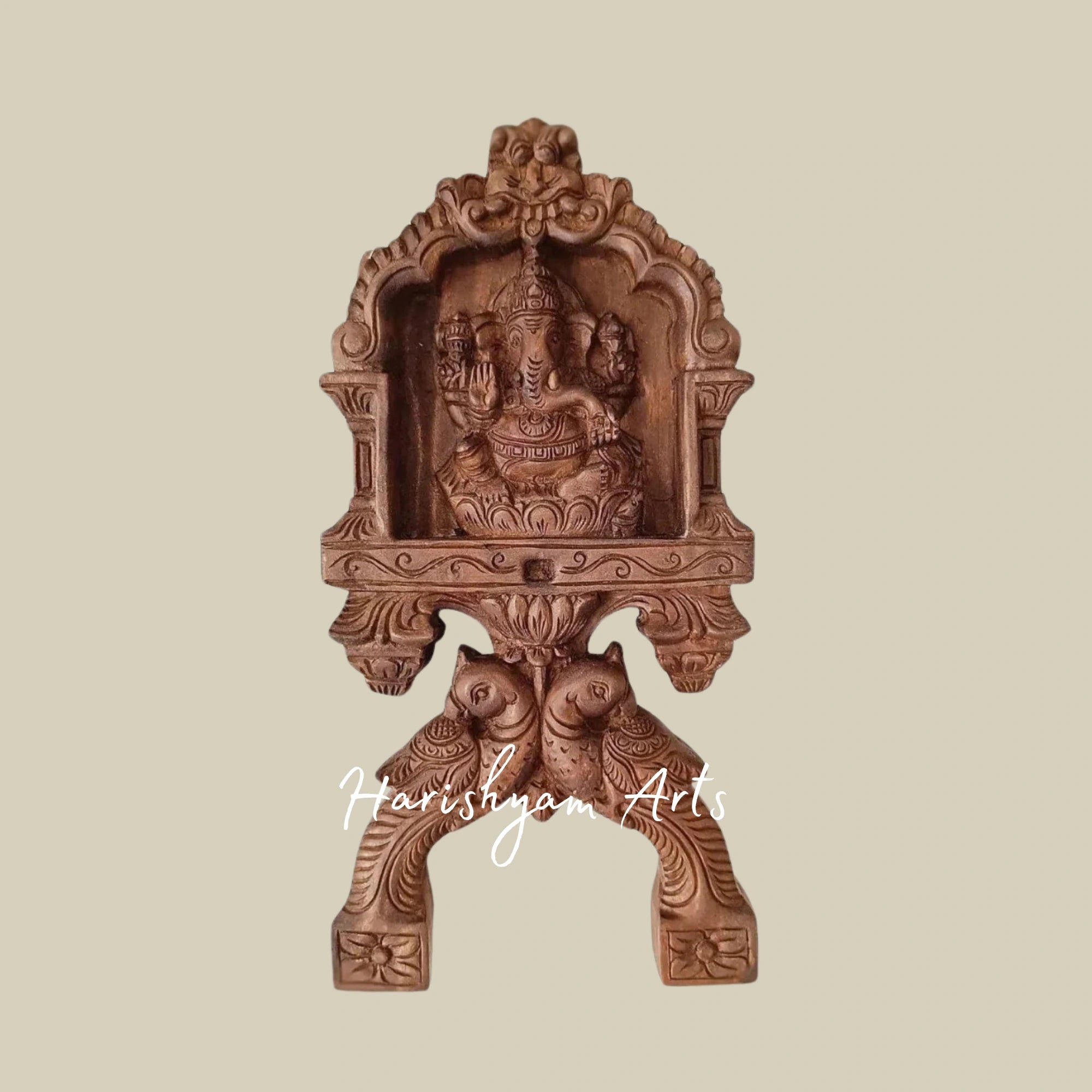 36" Exquisite Wooden Ganesha and Lakshmi Kavadi Panel with Parrot Carvings