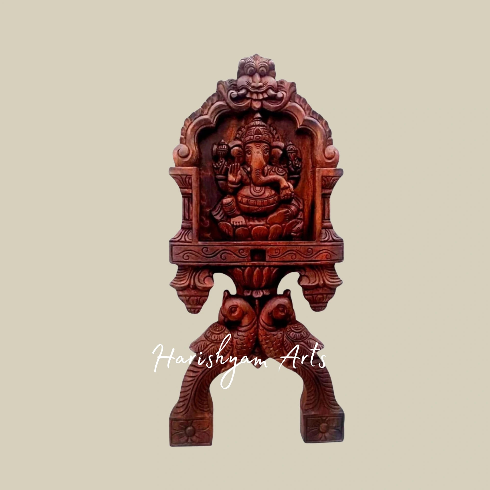 36" Exquisite Wooden Ganesha and Lakshmi Kavadi Panel with Parrot Carvings