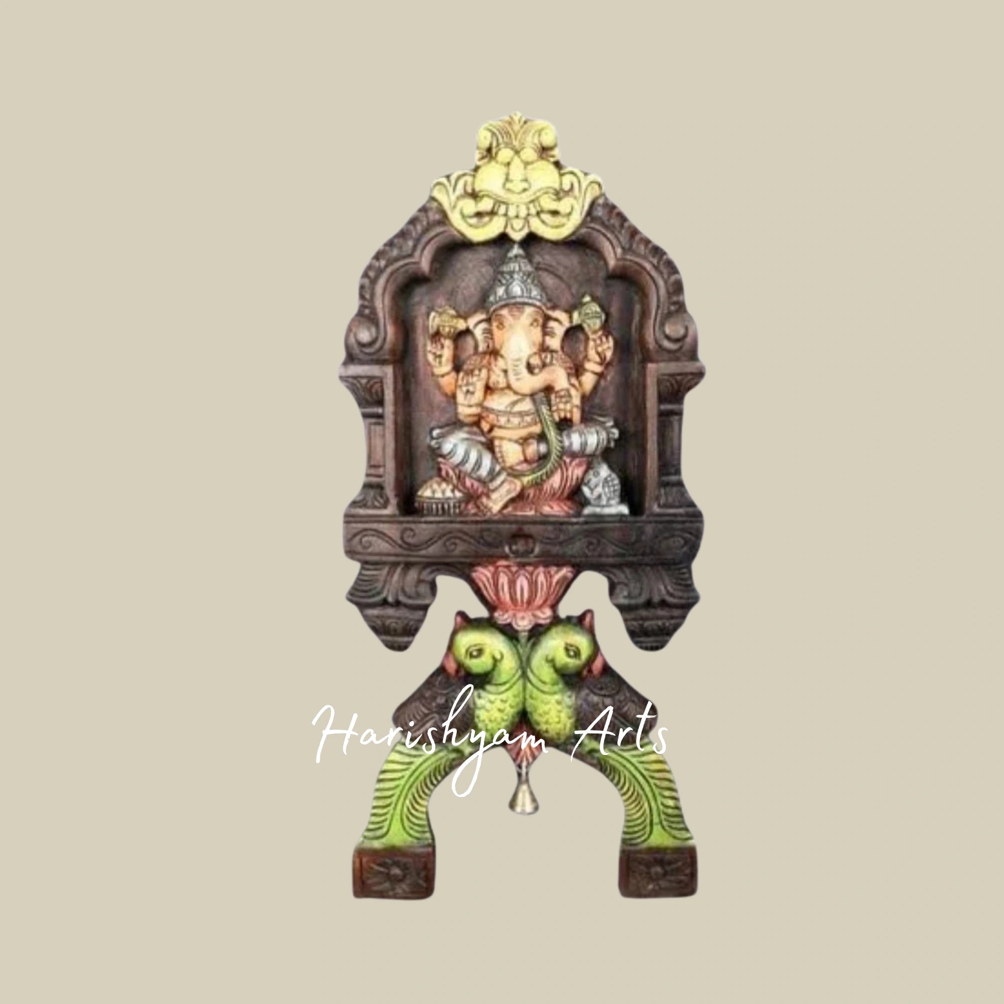 36" Exquisite Wooden Ganesha and Lakshmi Kavadi Panel with Parrot Carvings