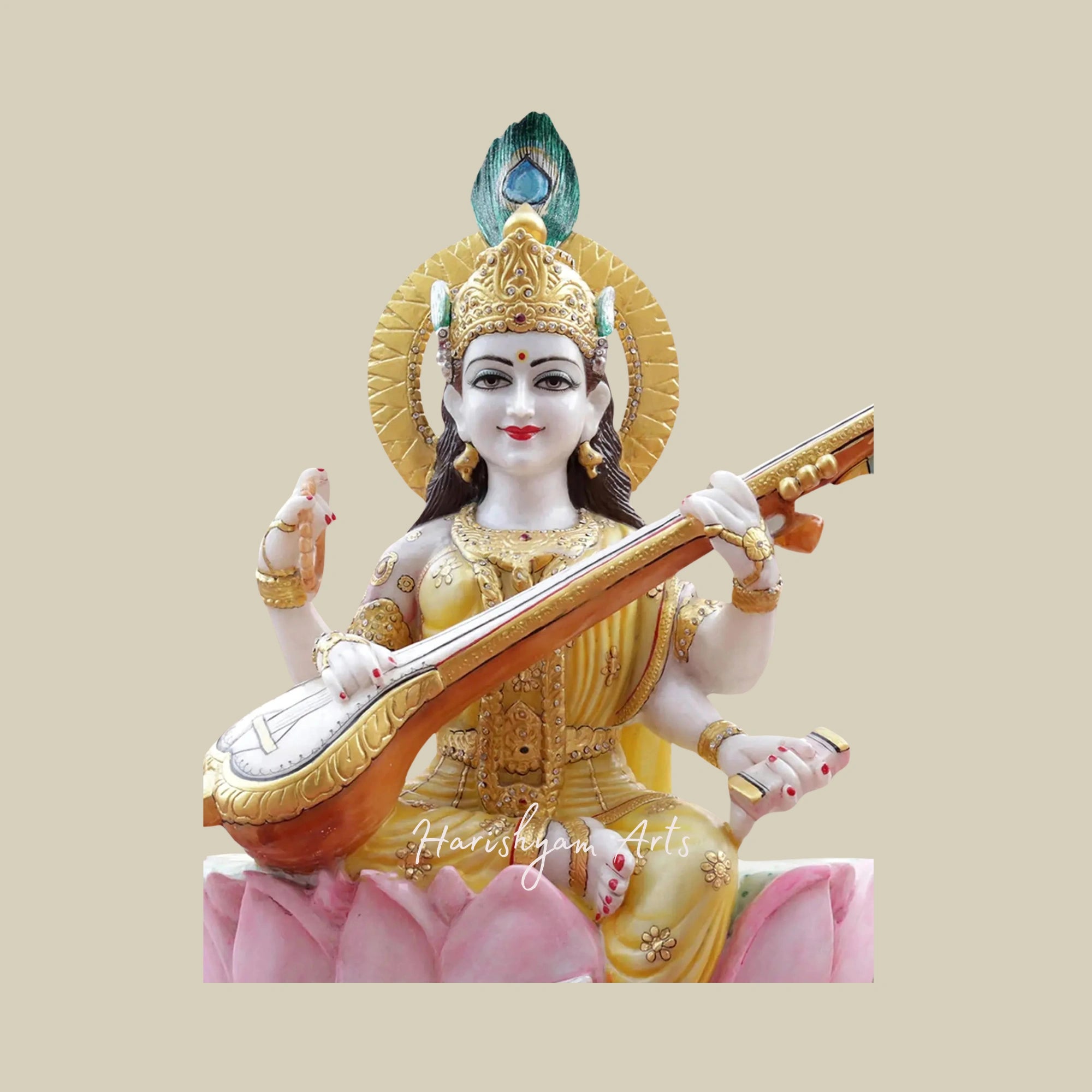 36" Goddess Saraswati Idol Seated on Blooming Lotus White Makrana Marble Statue