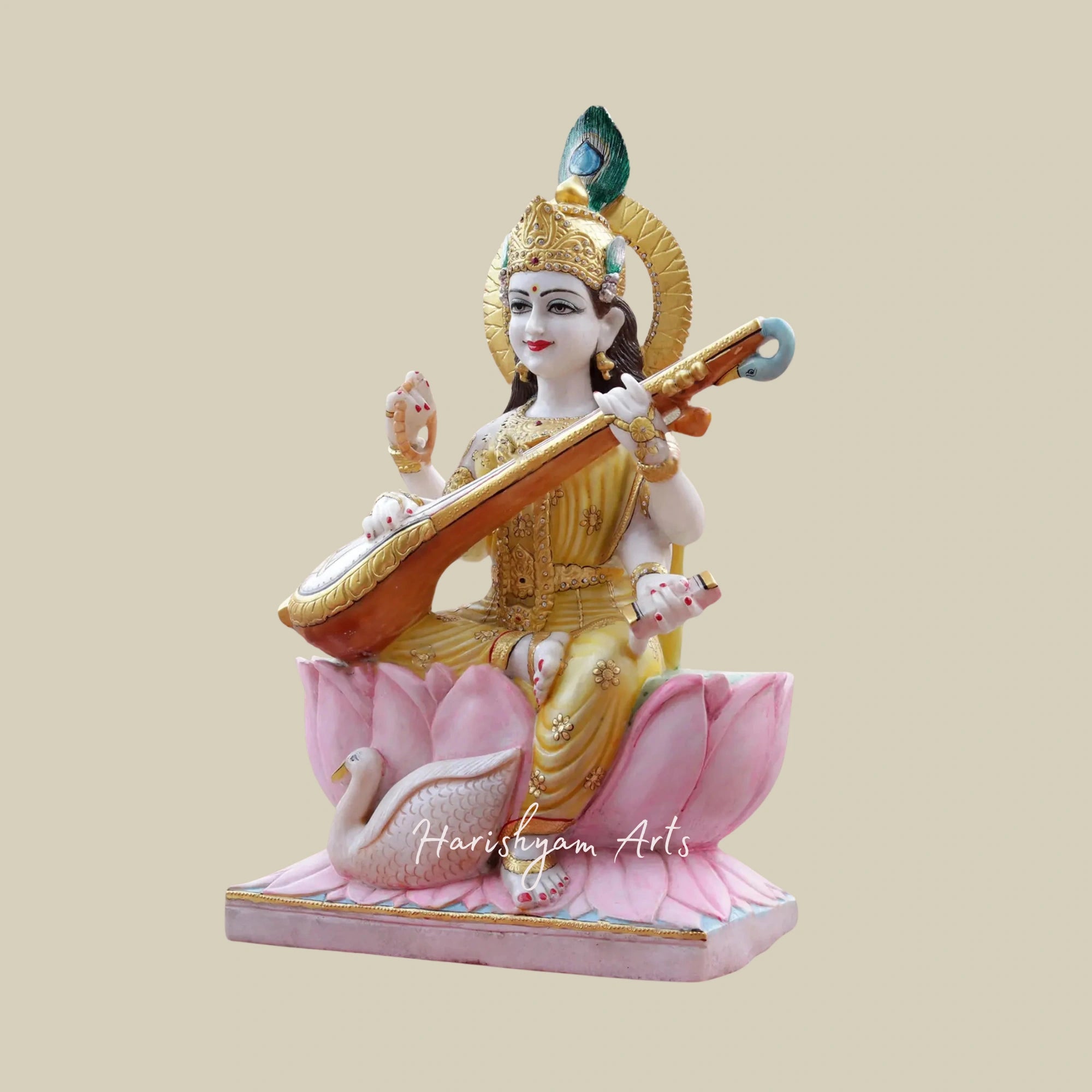 36" Goddess Saraswati Idol Seated on Blooming Lotus White Makrana Marble Statue1