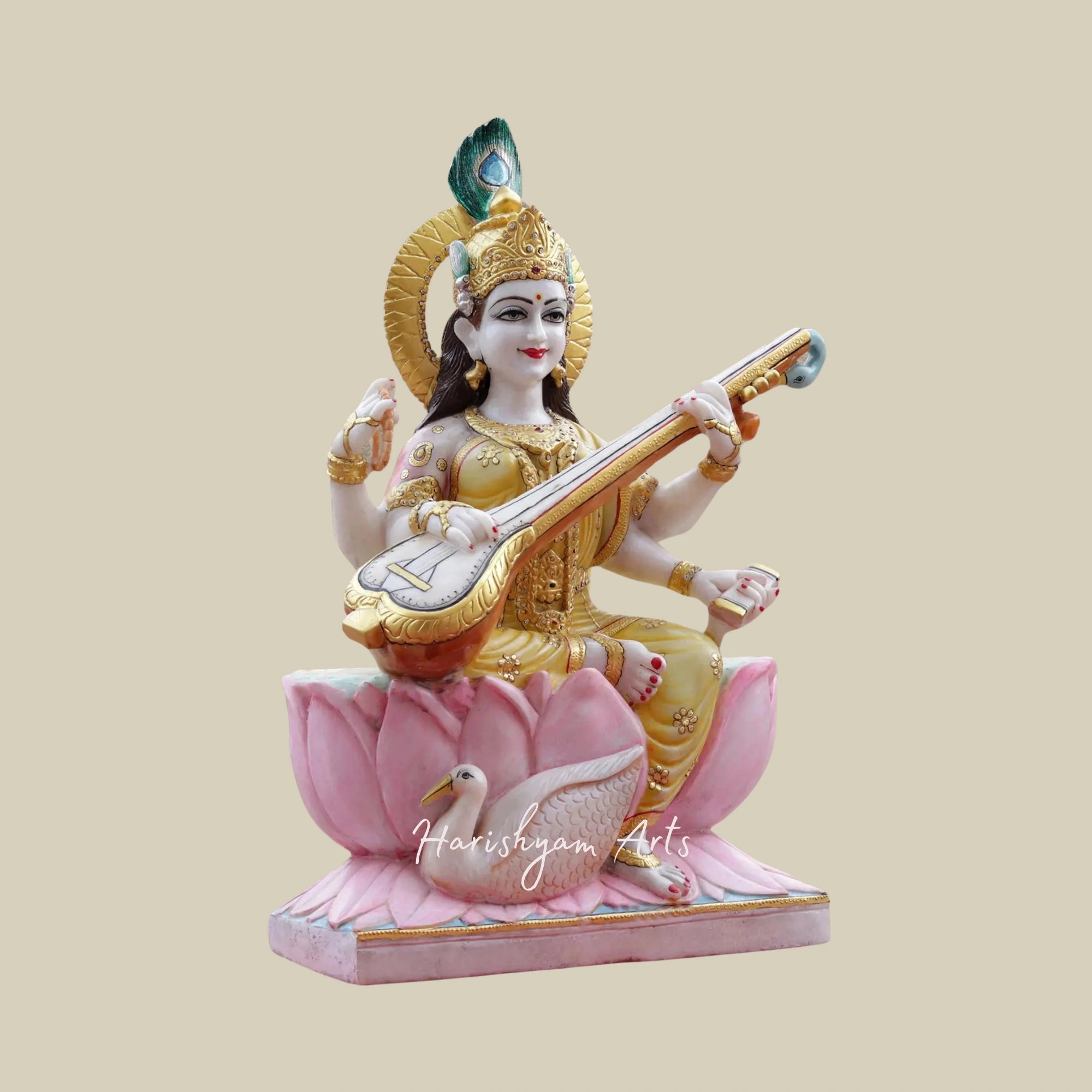 36" Goddess Saraswati Idol Seated on Blooming Lotus White Makrana Marble Statue2