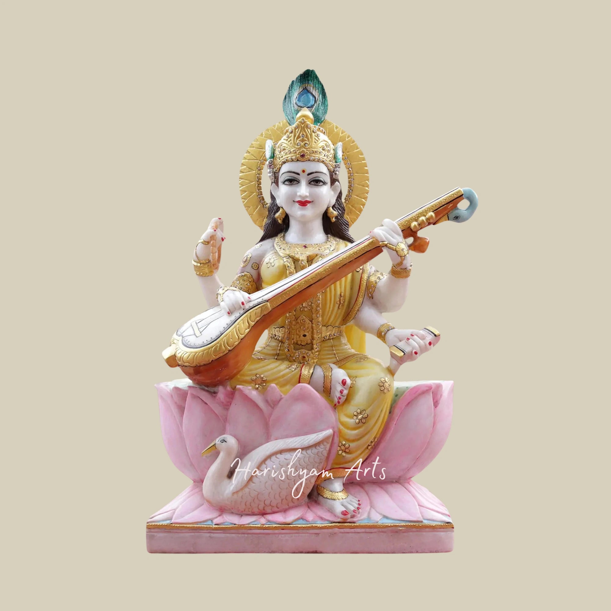 36" Goddess Saraswati Idol Seated on Blooming Lotus White Makrana Marble Statue3