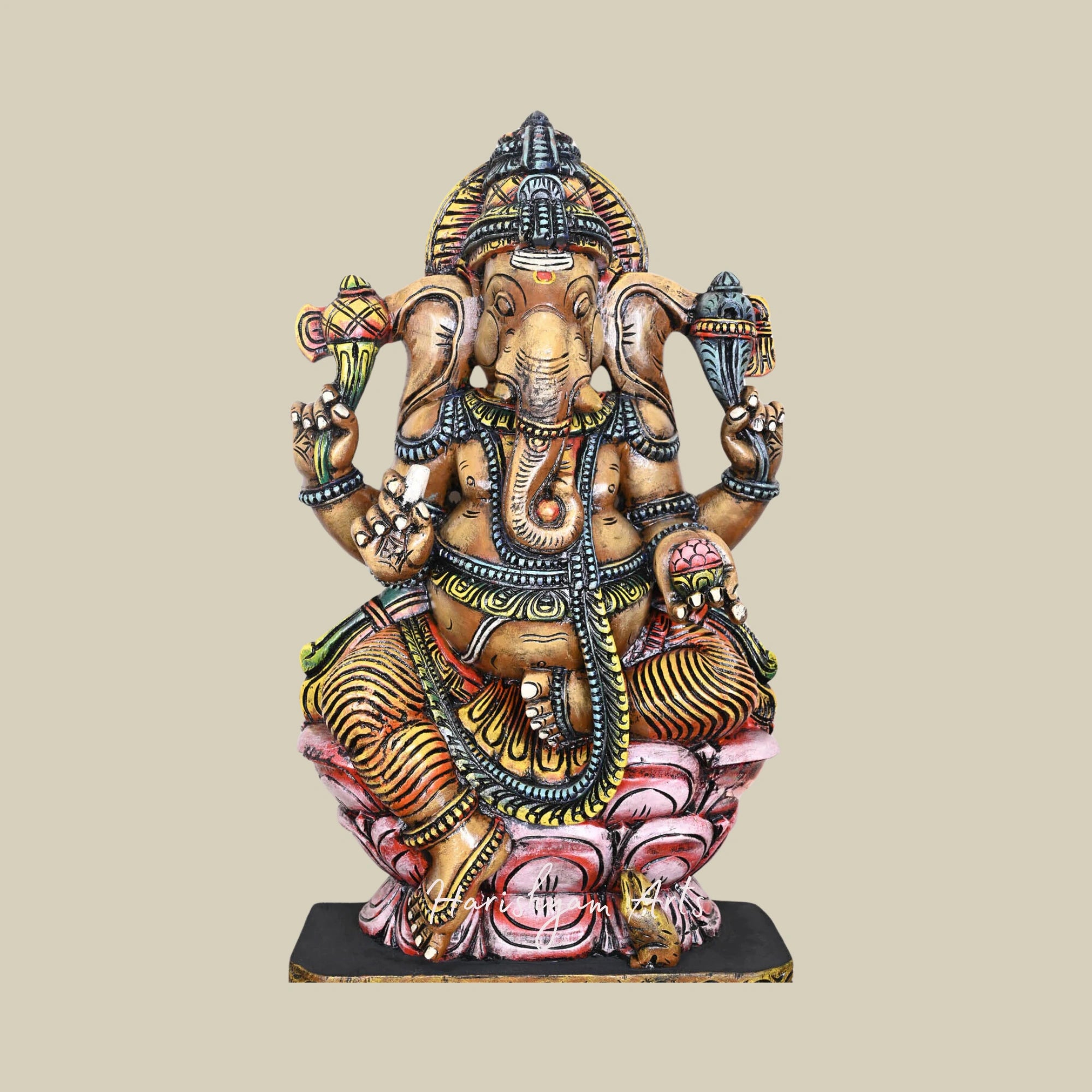 36" Hand-Carved Wooden Ganesh Idol on Double Petal Pink Lotus with Mooshak