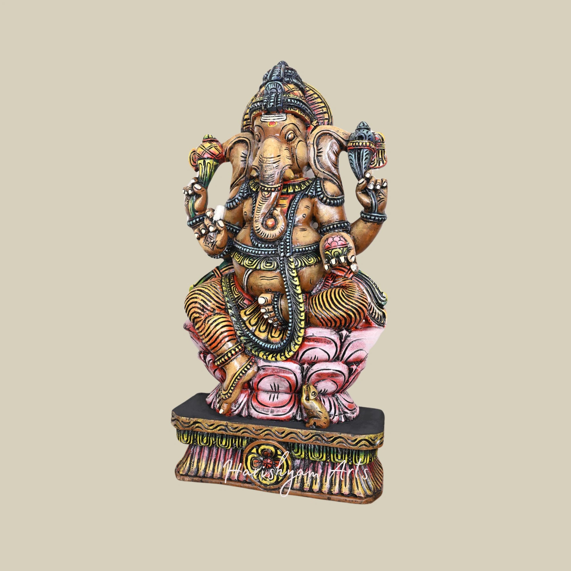 36" Hand-Carved Wooden Ganesh Idol on Double Petal Pink Lotus with Mooshak