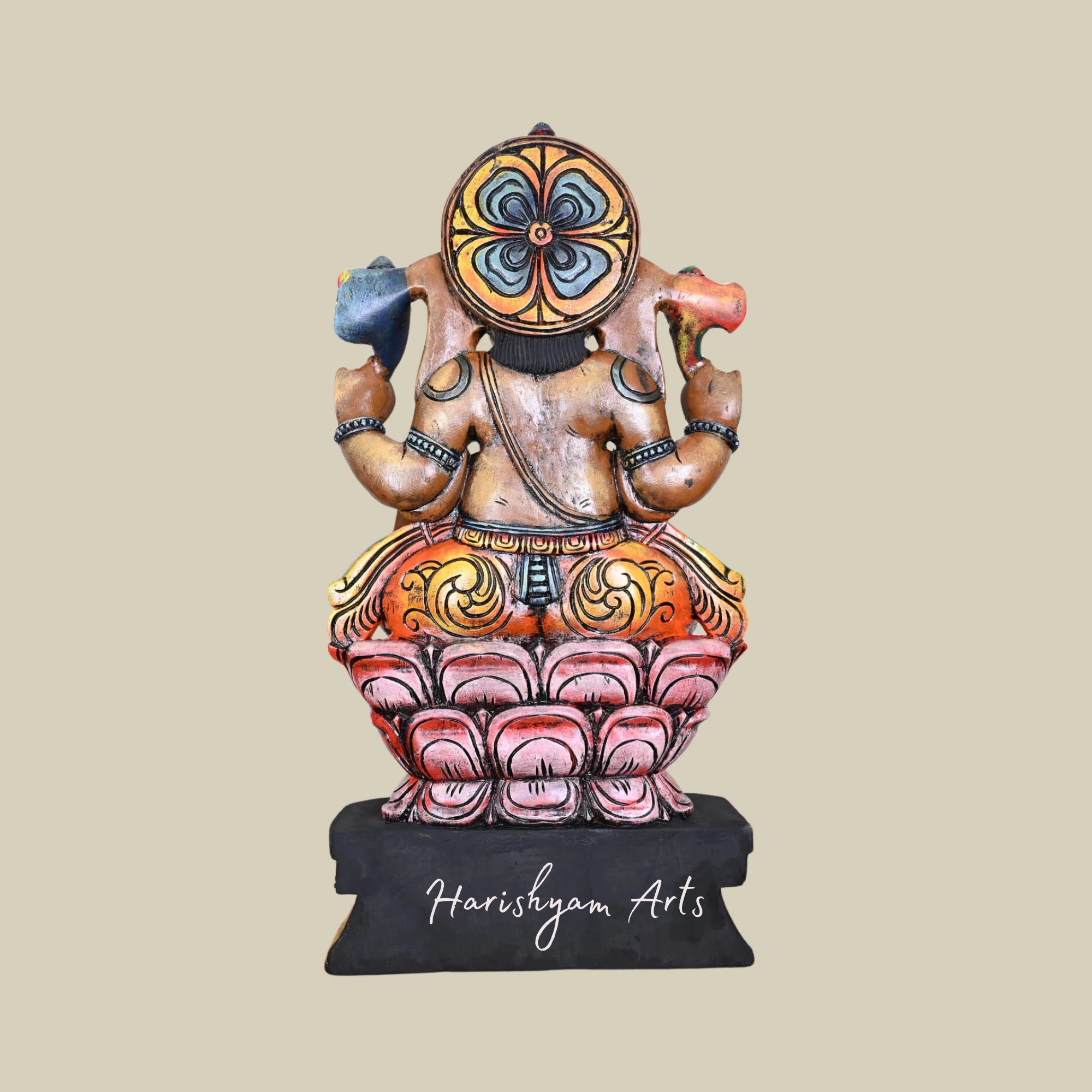 36" Hand-Carved Wooden Ganesh Idol on Double Petal Pink Lotus with Mooshak