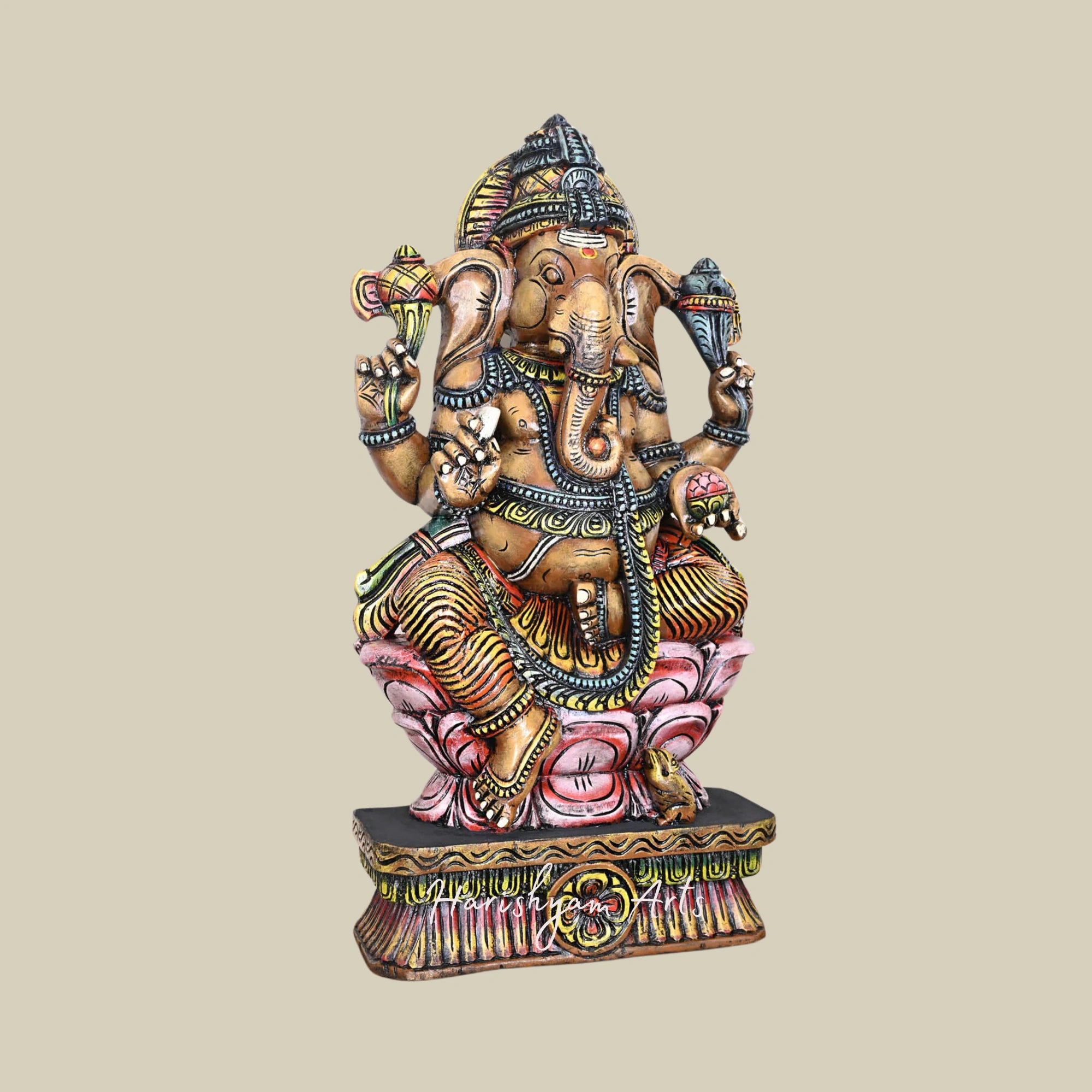 36" Hand-Carved Wooden Ganesh Idol on Double Petal Pink Lotus with Mooshak