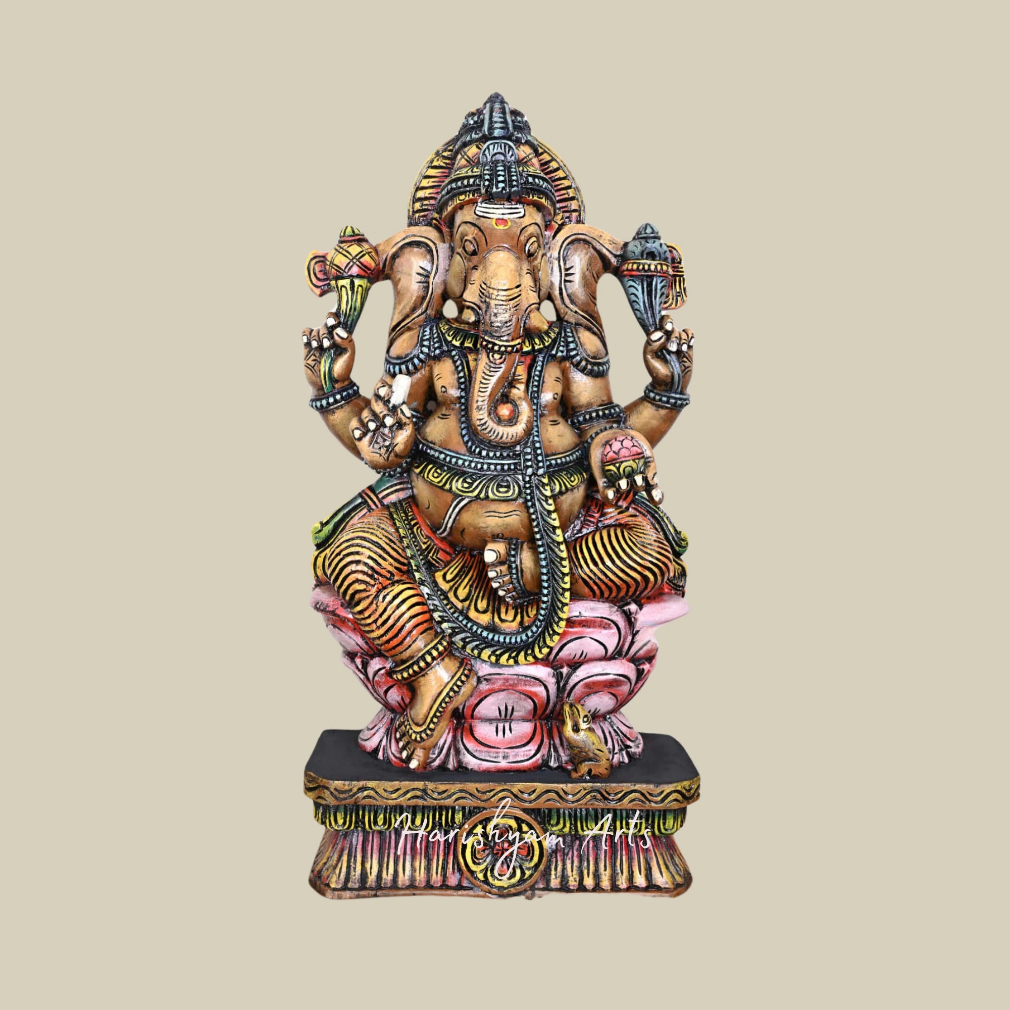 36" Hand-Carved Wooden Ganesh Idol on Double Petal Pink Lotus with Mooshak