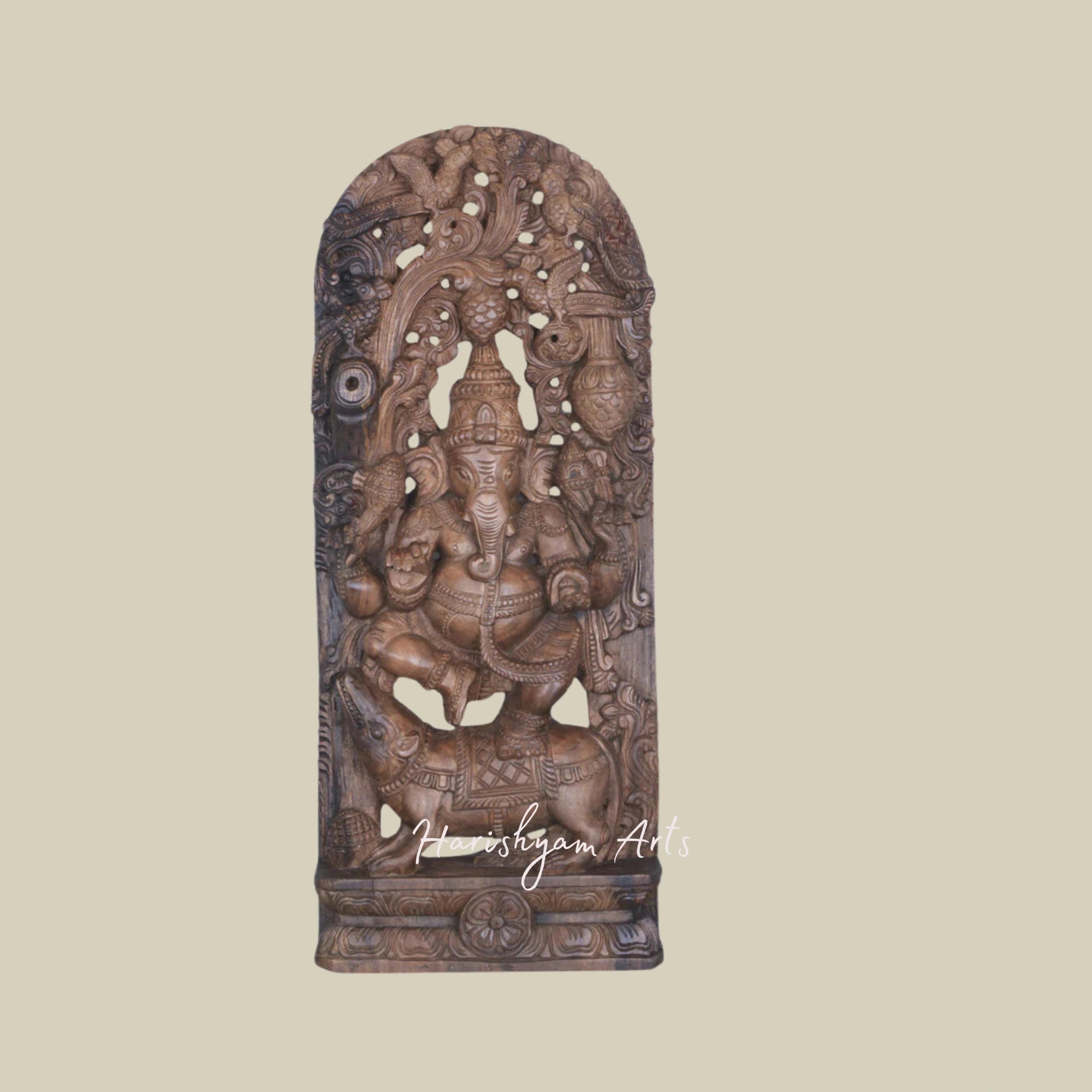 36" Hand-carved Wooden Ganesha Statue Seated on Lotus Petal for Home Decor