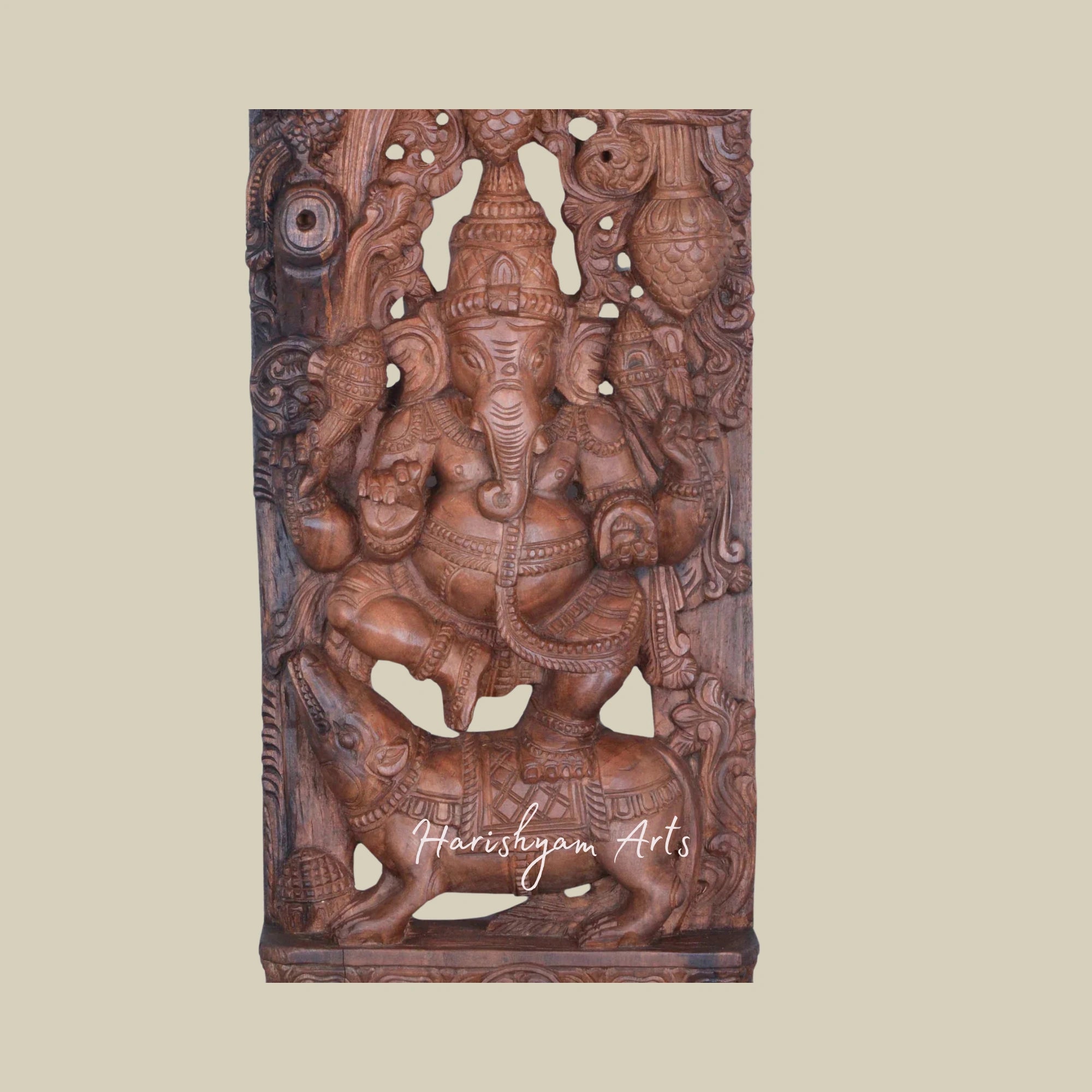 36" Hand-carved Wooden Ganesha Statue Seated on Lotus Petal for Home Decor1