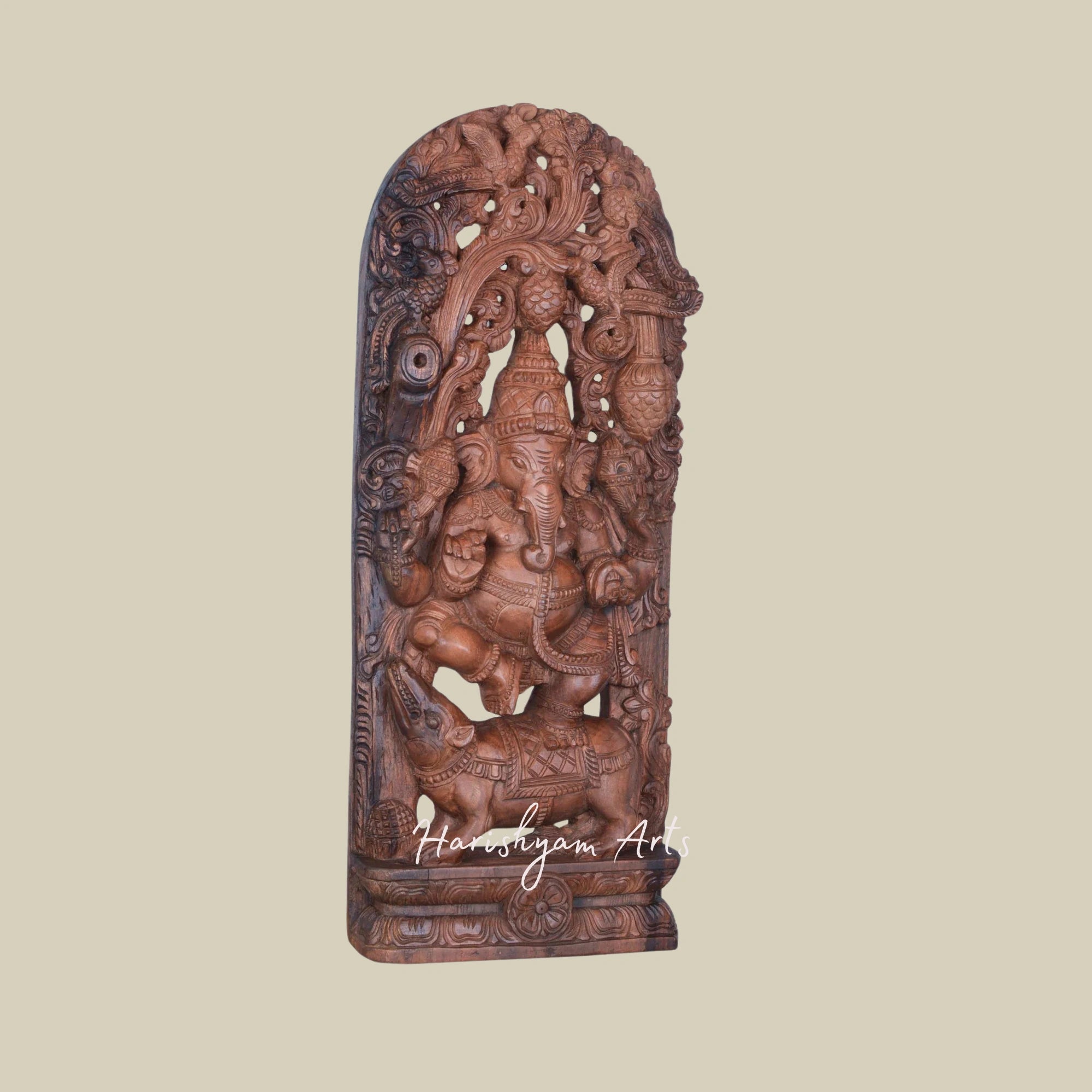 36" Hand-carved Wooden Ganesha Statue Seated on Lotus Petal for Home Decor2