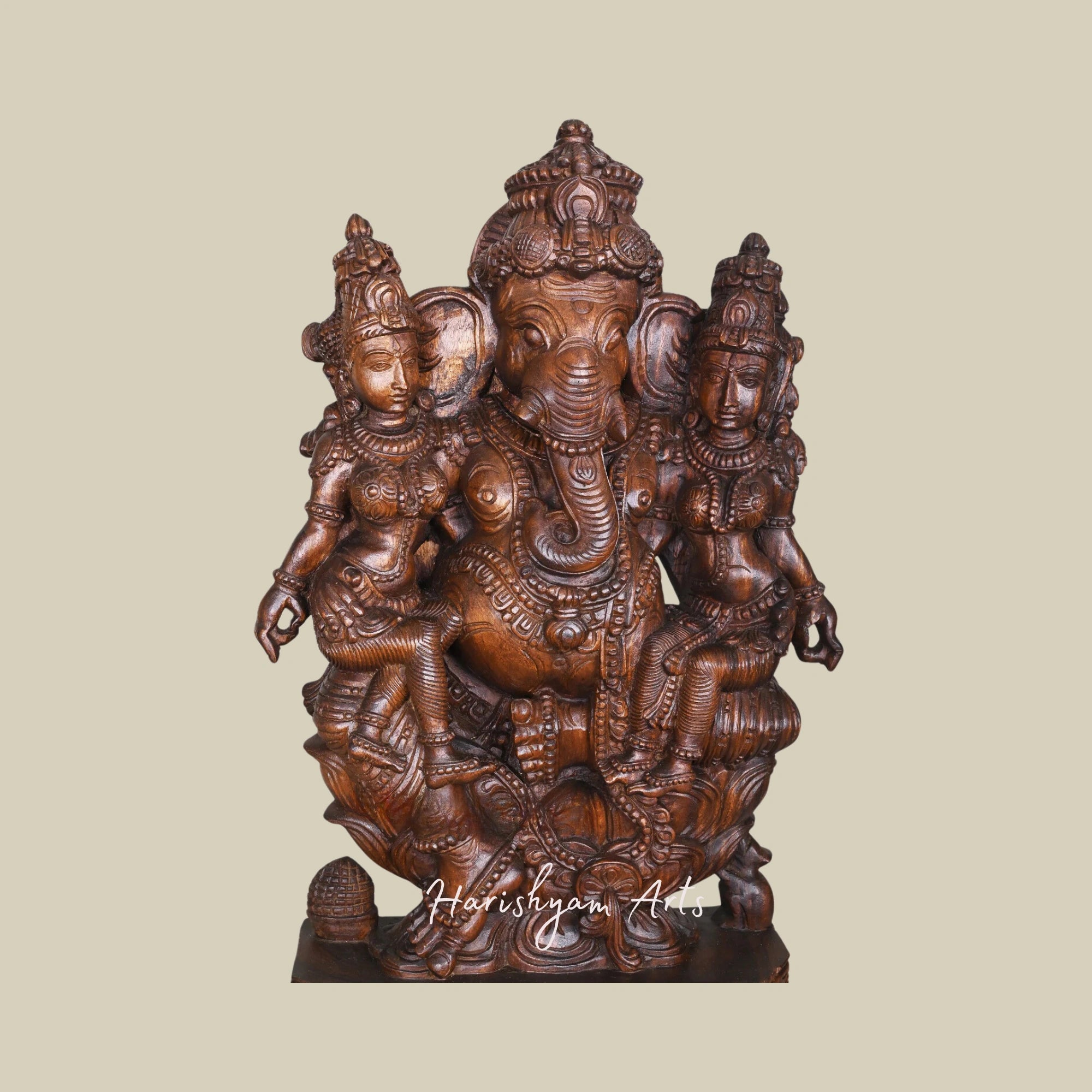 36" Handcrafted Lord Ganesh Sculpture with Buddhi and Siddhi Hindu Deity Decor