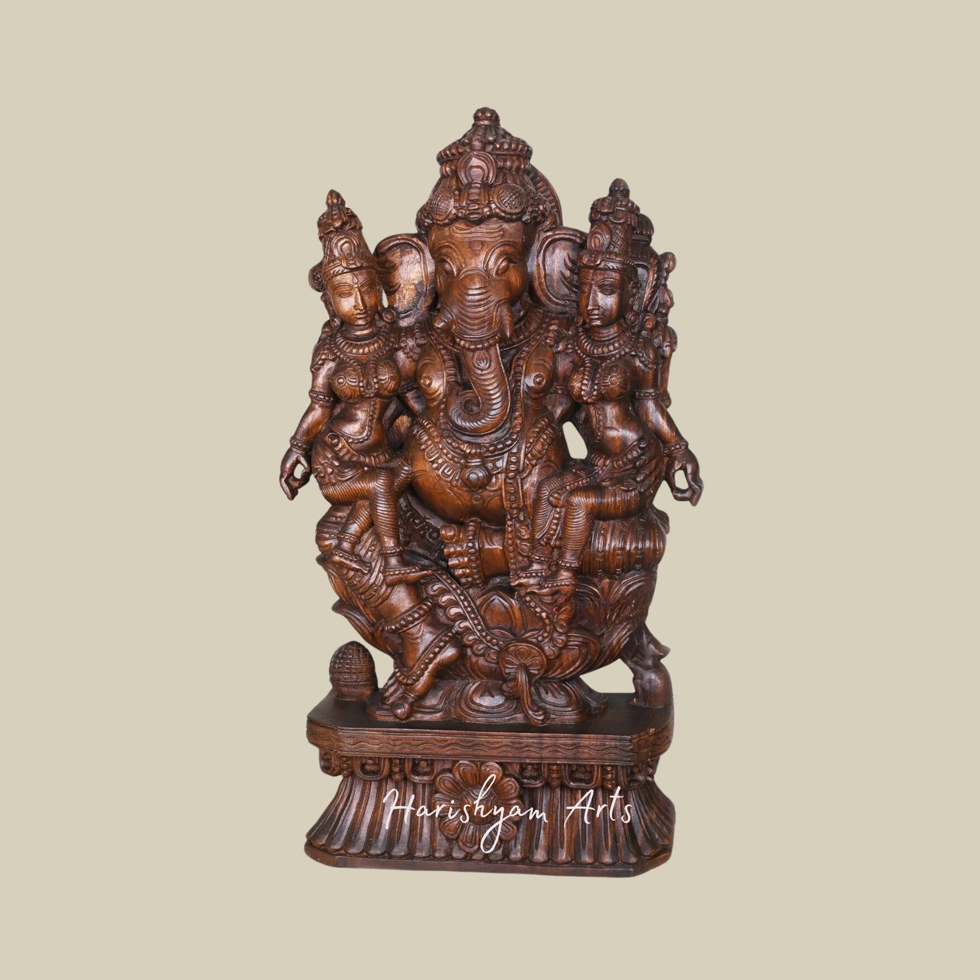 36" Handcrafted Lord Ganesh Sculpture with Buddhi and Siddhi Hindu Deity Decor1