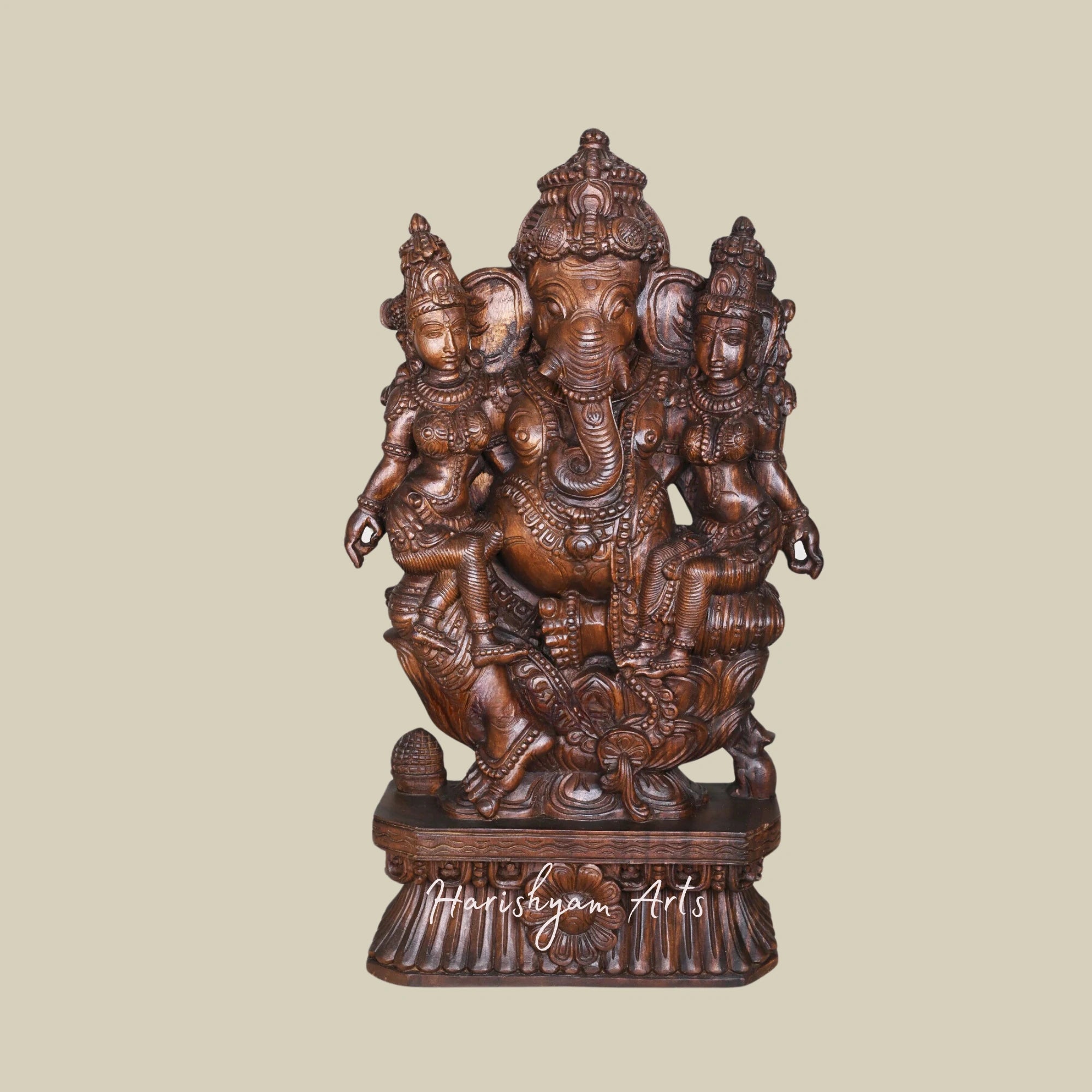36" Handcrafted Lord Ganesh Sculpture with Buddhi and Siddhi Hindu Deity Decor2