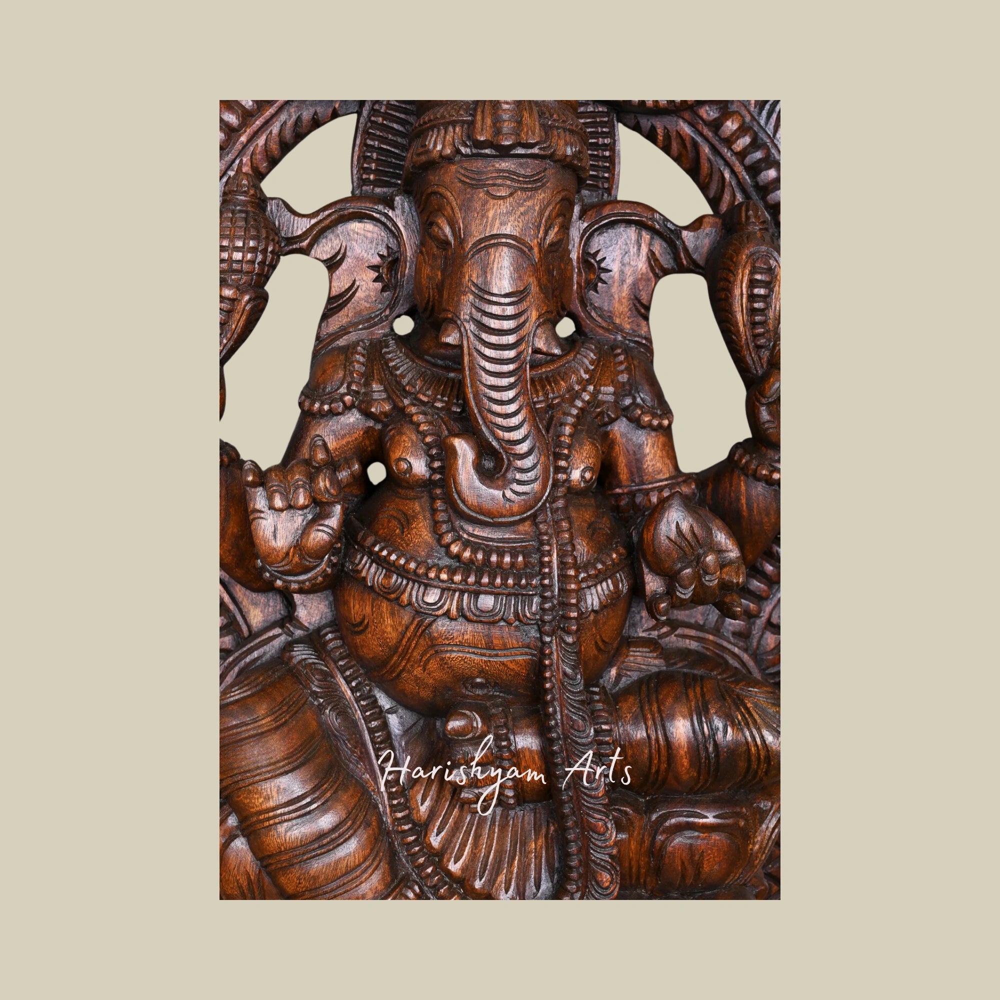 36" Handcrafted Wooden Lord Ganesha Sculpture Chathurbhuja on Lotus with Prabhavali1