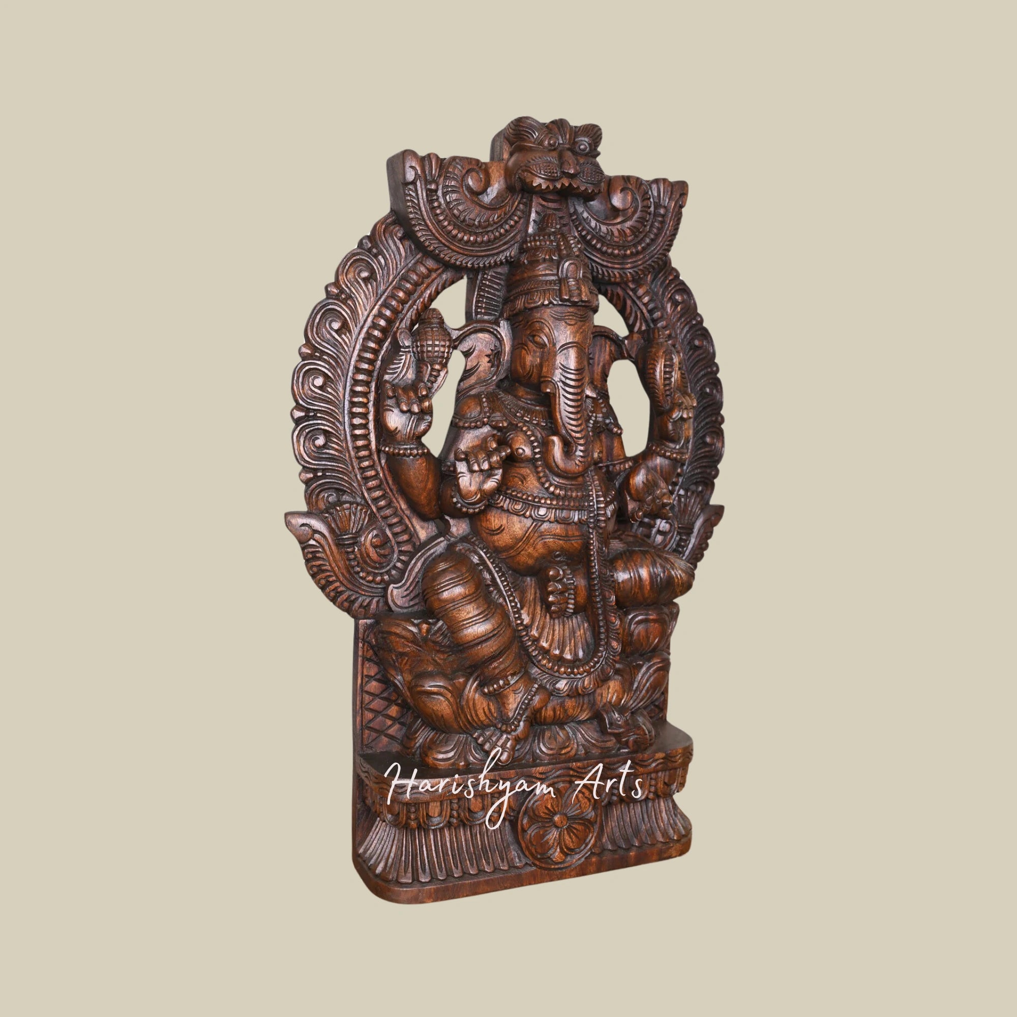 36" Handcrafted Wooden Lord Ganesha Sculpture Chathurbhuja on Lotus with Prabhavali2