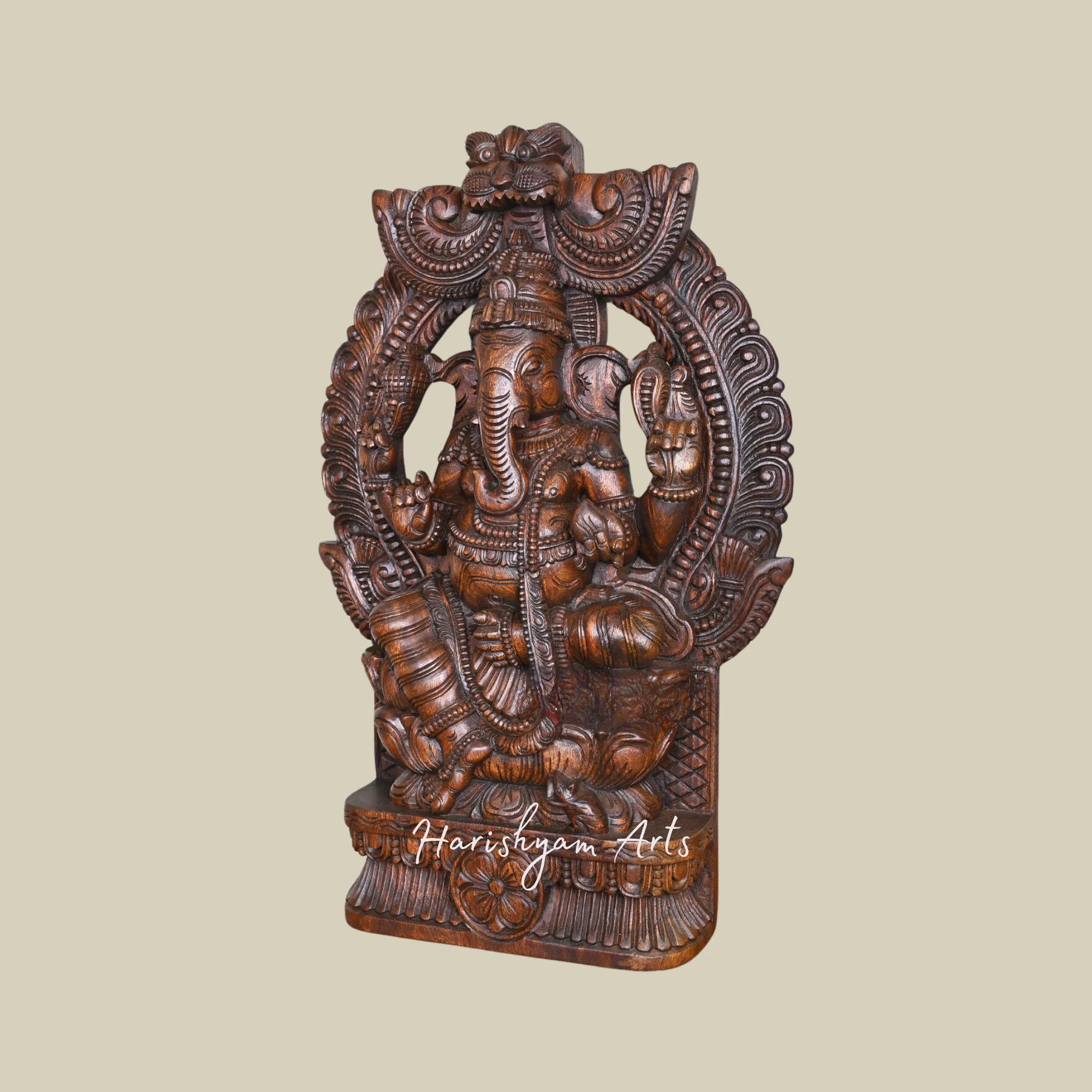 36" Handcrafted Wooden Lord Ganesha Sculpture Chathurbhuja on Lotus with Prabhavali3