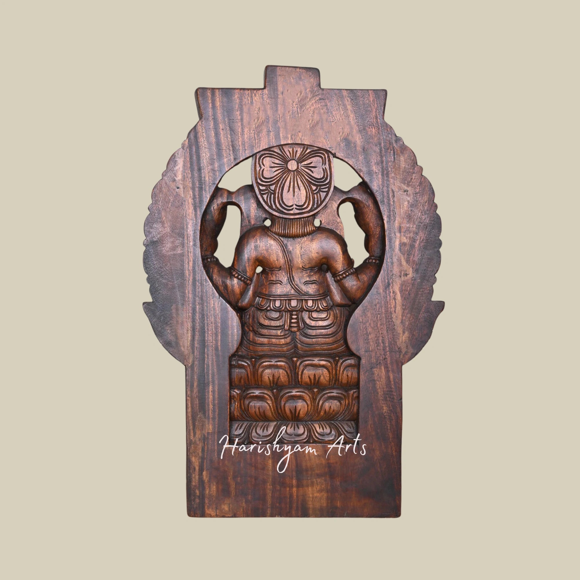 36" Handcrafted Wooden Lord Ganesha Sculpture Chathurbhuja on Lotus with Prabhavali4