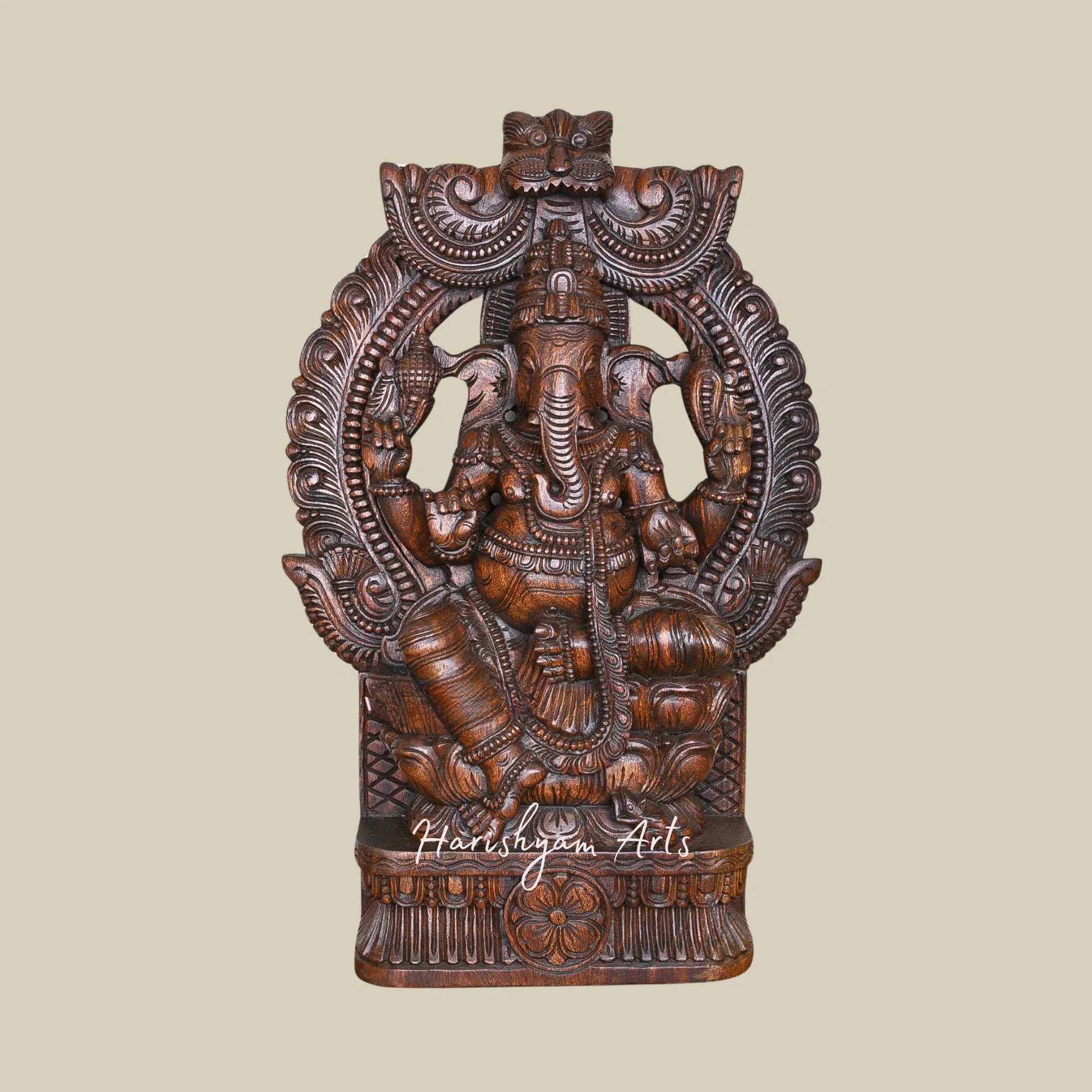 36" Handcrafted Wooden Lord Ganesha Sculpture Chathurbhuja on Lotus with Prabhavali