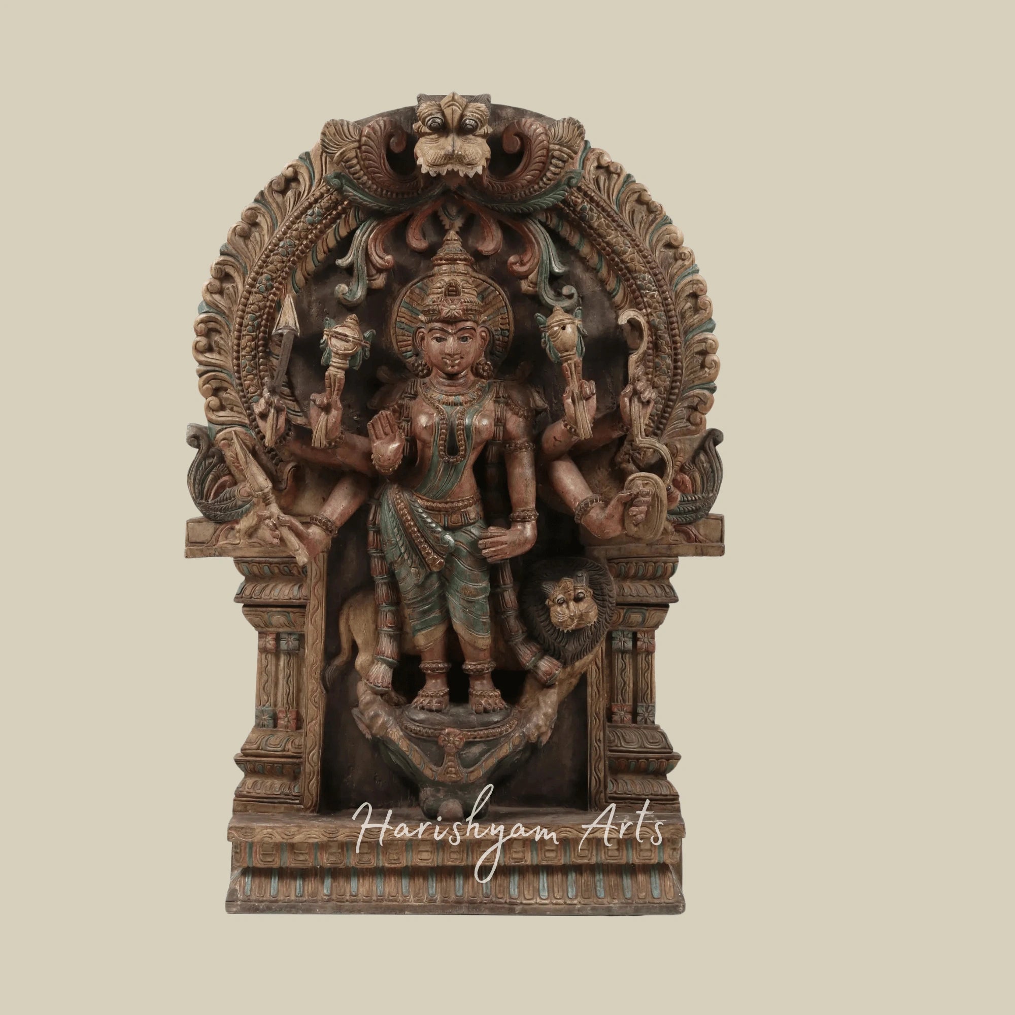 36" Large Eight-Armed Goddess Durga with Kirtimukha Arch Intricately Carved Wooden Durga Statue for Wall Hanging