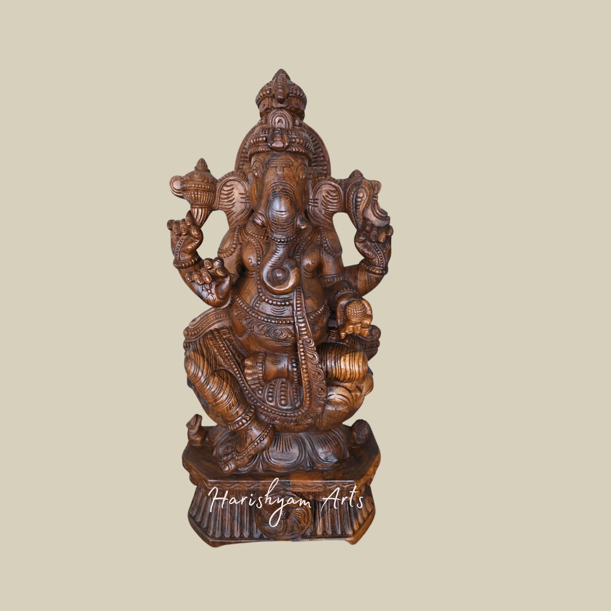 36" Lord Ganesha Seated on Lotus Petal Unique Wooden Idol for Home and Office Decor, Finely Carved
