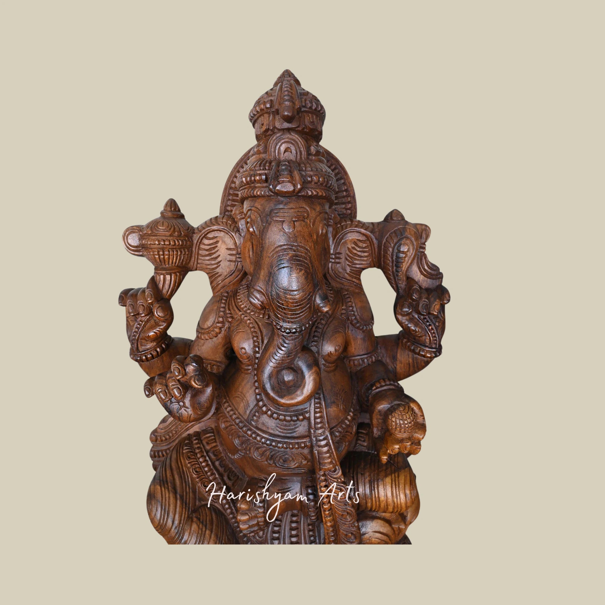 36" Lord Ganesha Seated on Lotus Petal Unique Wooden Idol for Home and Office Decor, Finely Carved1