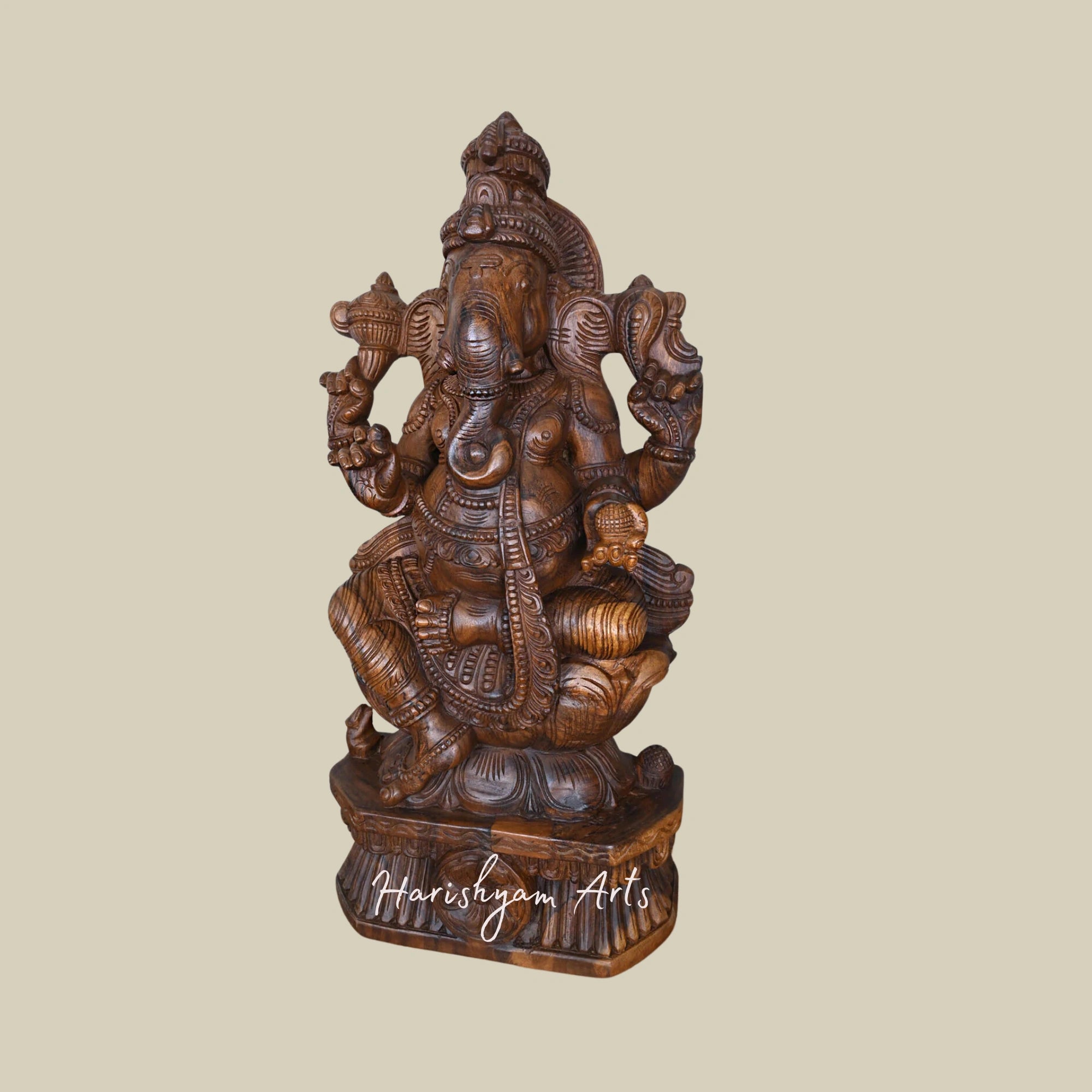 36" Lord Ganesha Seated on Lotus Petal Unique Wooden Idol for Home and Office Decor, Finely Carved2
