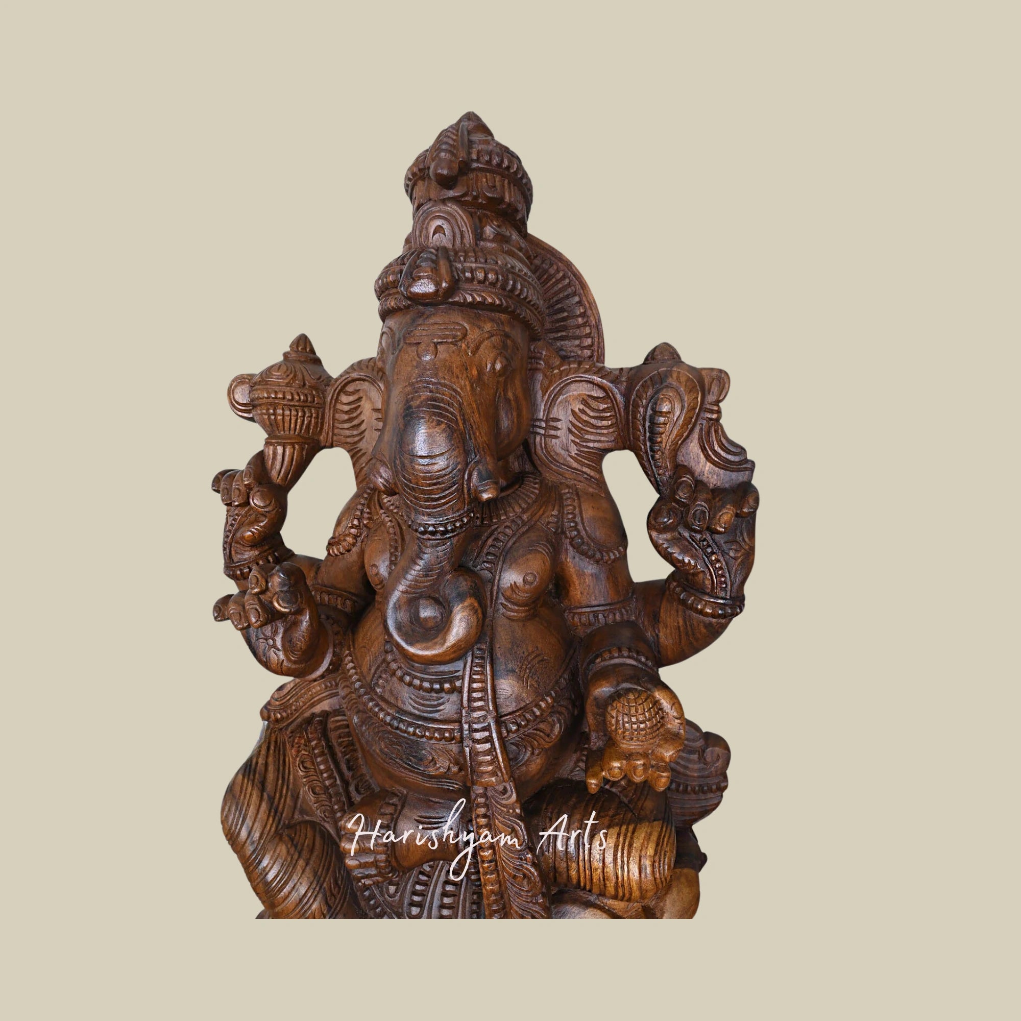 36" Lord Ganesha Seated on Lotus Petal Unique Wooden Idol for Home and Office Decor, Finely Carved3