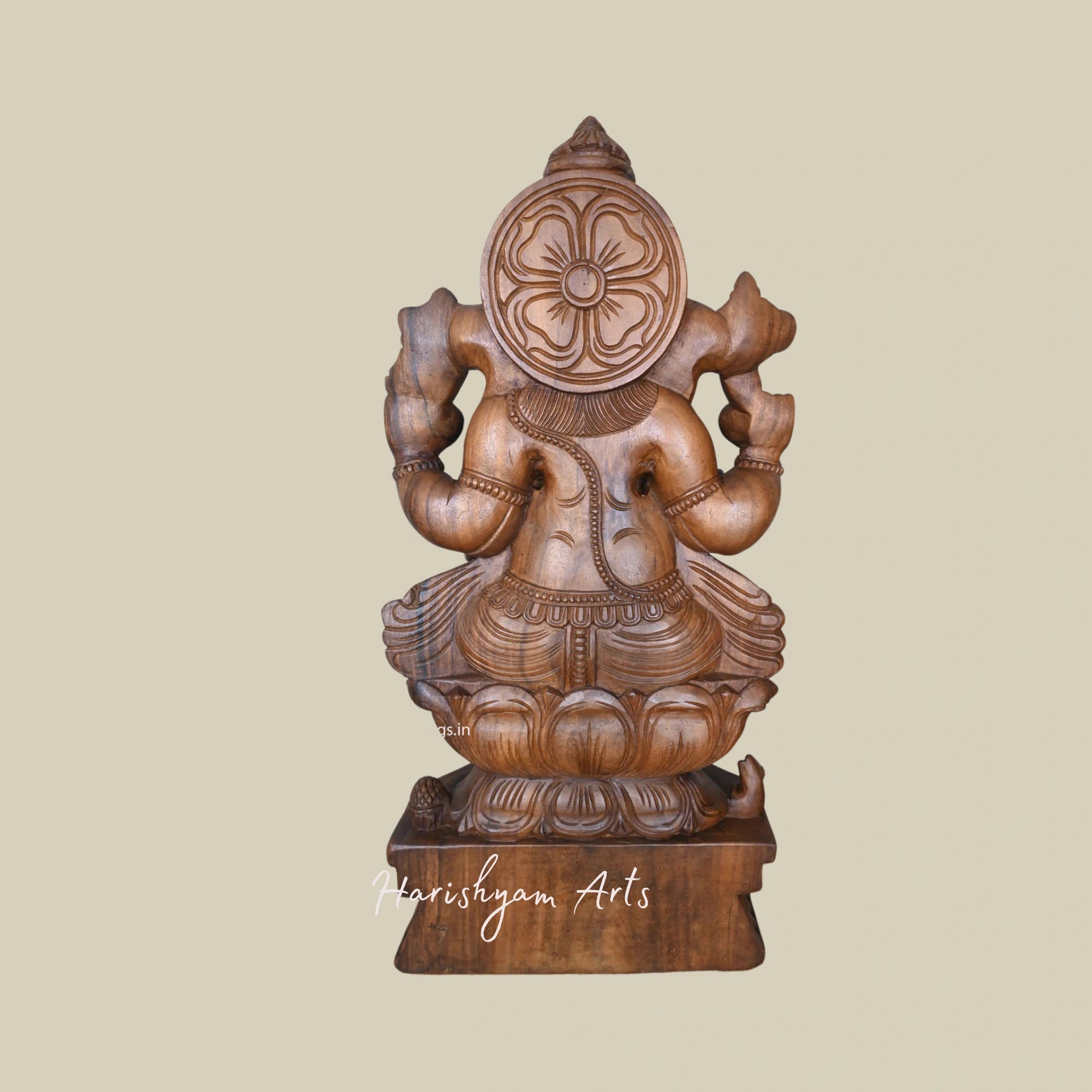 36" Lord Ganesha Seated on Lotus Petal Unique Wooden Idol for Home and Office Decor, Finely Carved5