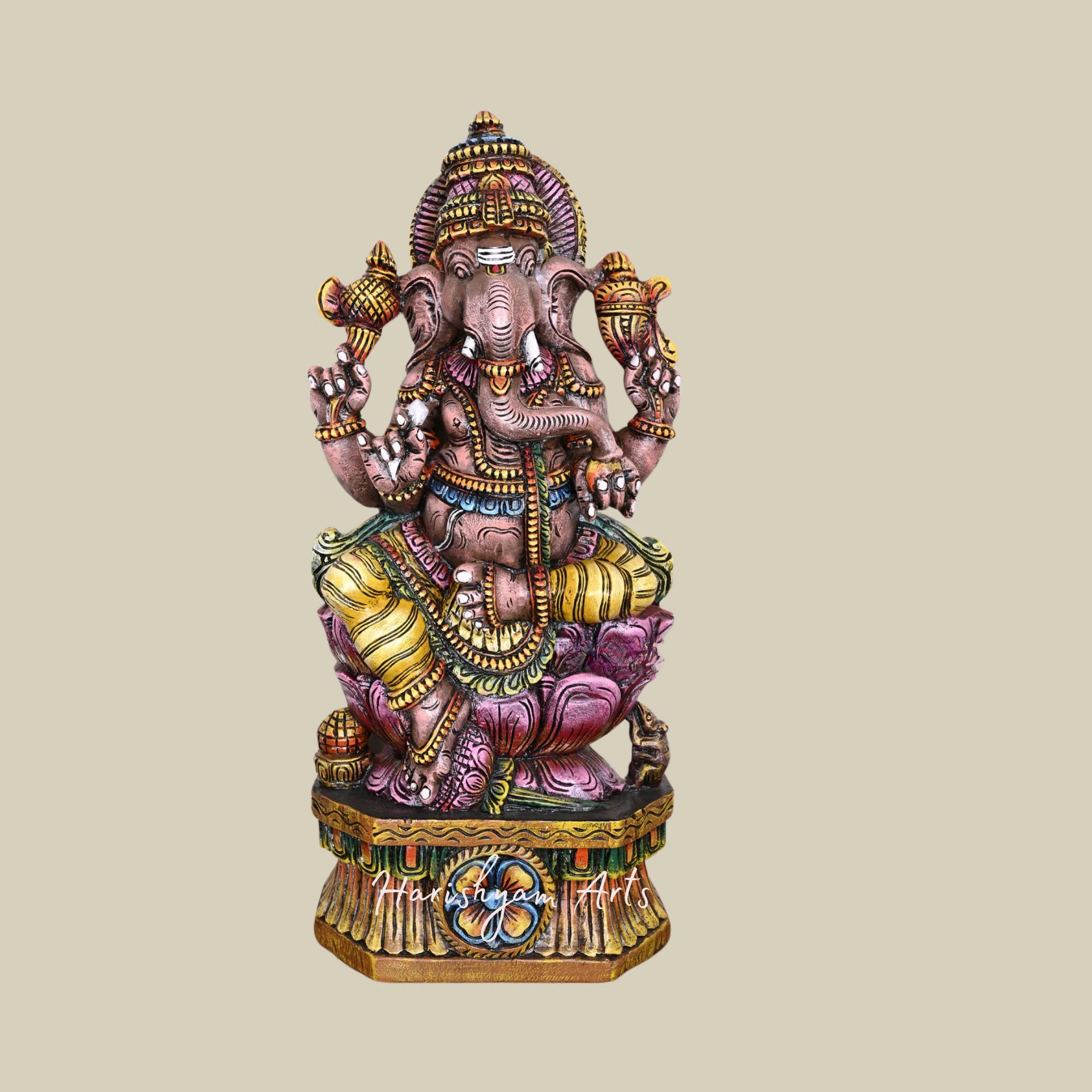 36" Maha Ganesha Wooden Sculpture on Pink Lotus with Multicolored Handcrafted Detailing