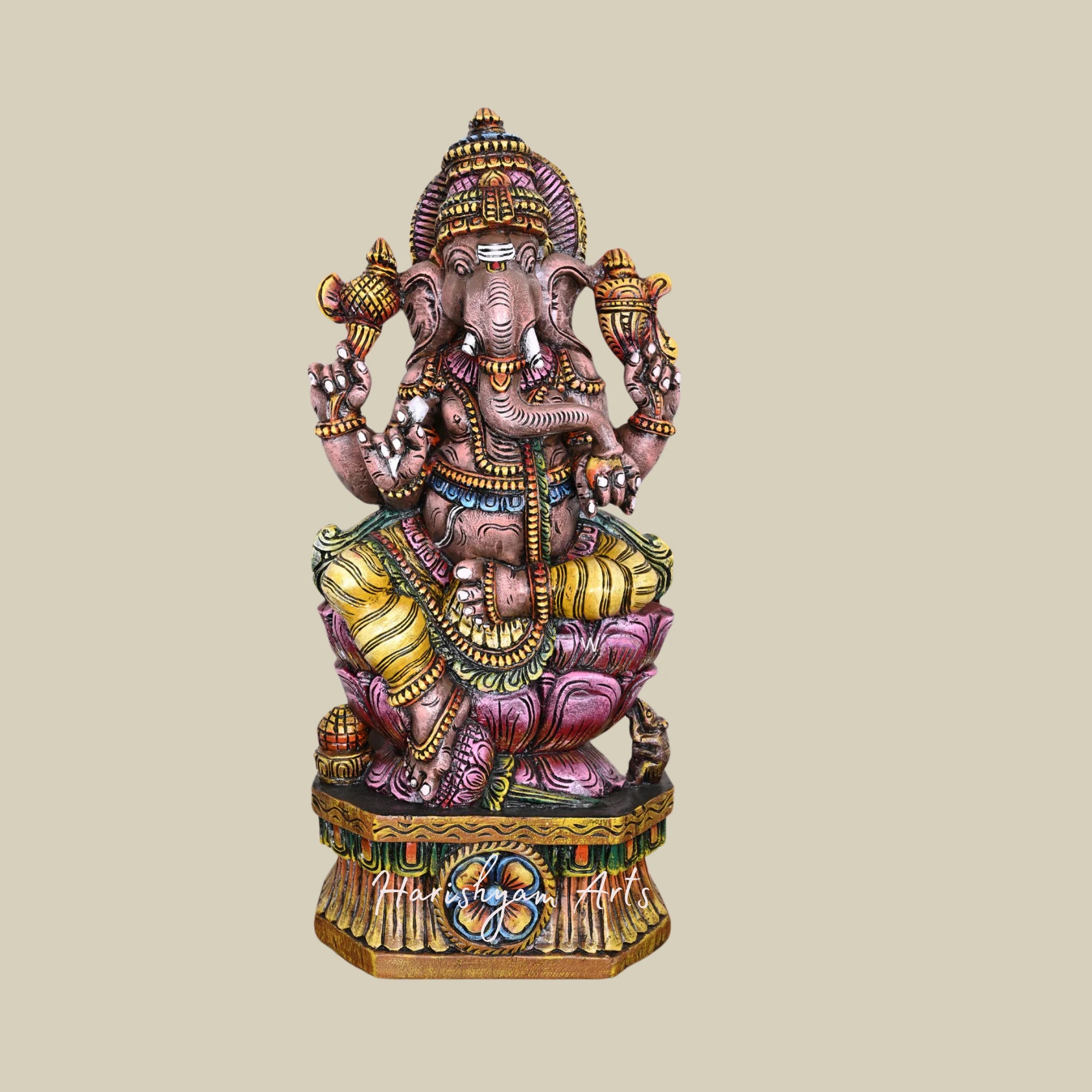 36" Maha Ganesha Wooden Sculpture on Pink Lotus with Multicolored Handcrafted Detailing1