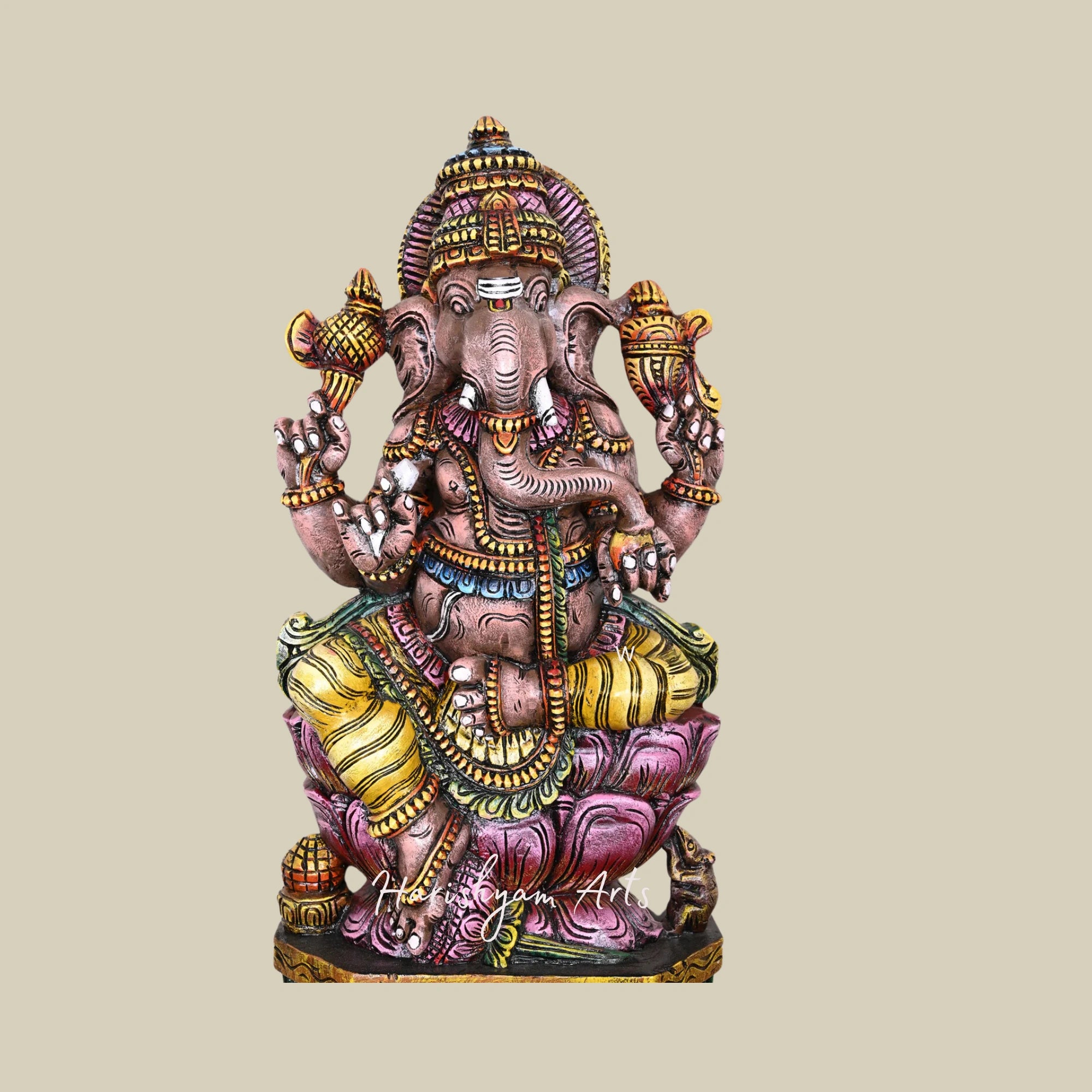 36" Maha Ganesha Wooden Sculpture on Pink Lotus with Multicolored Handcrafted Detailing2