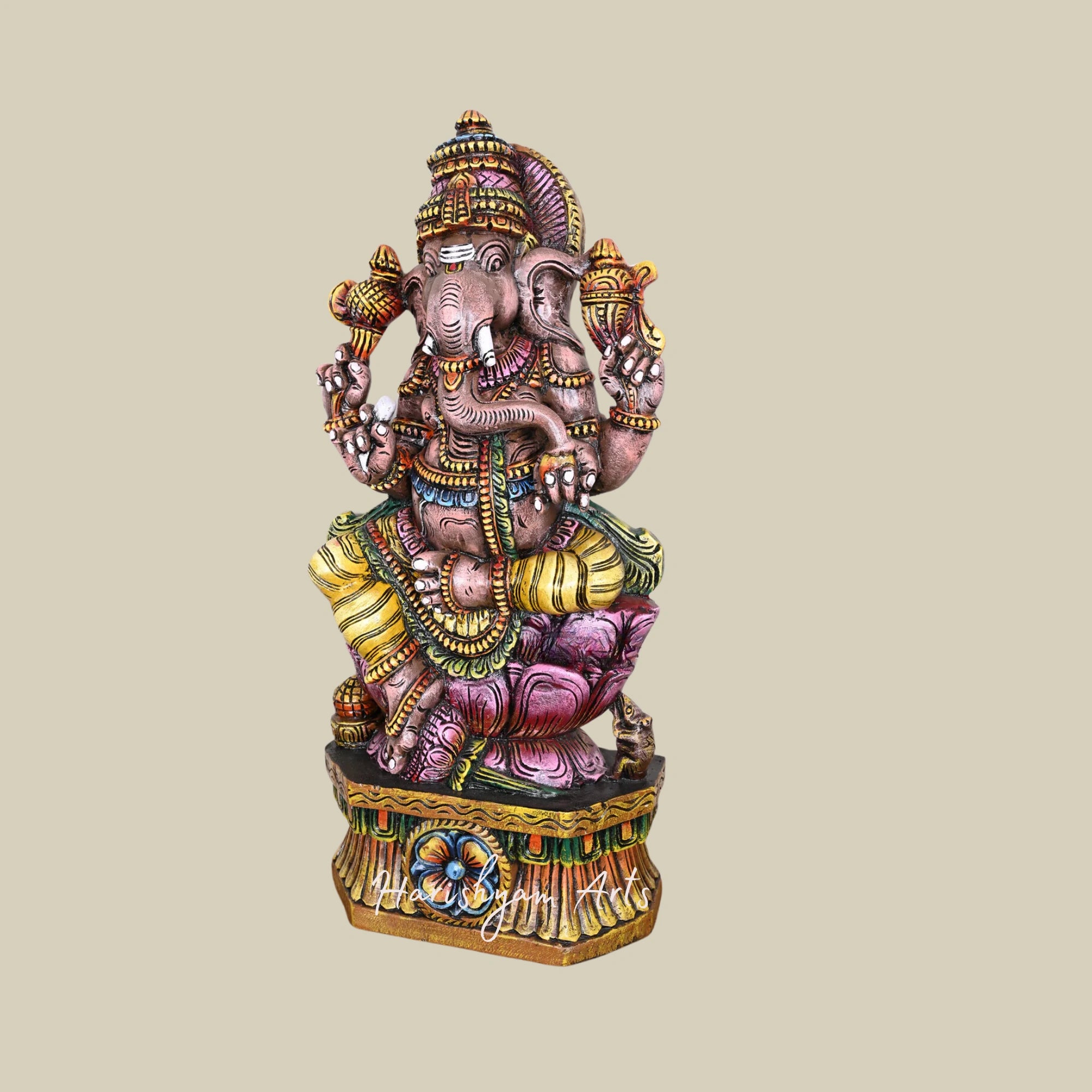 36" Maha Ganesha Wooden Sculpture on Pink Lotus with Multicolored Handcrafted Detailing3