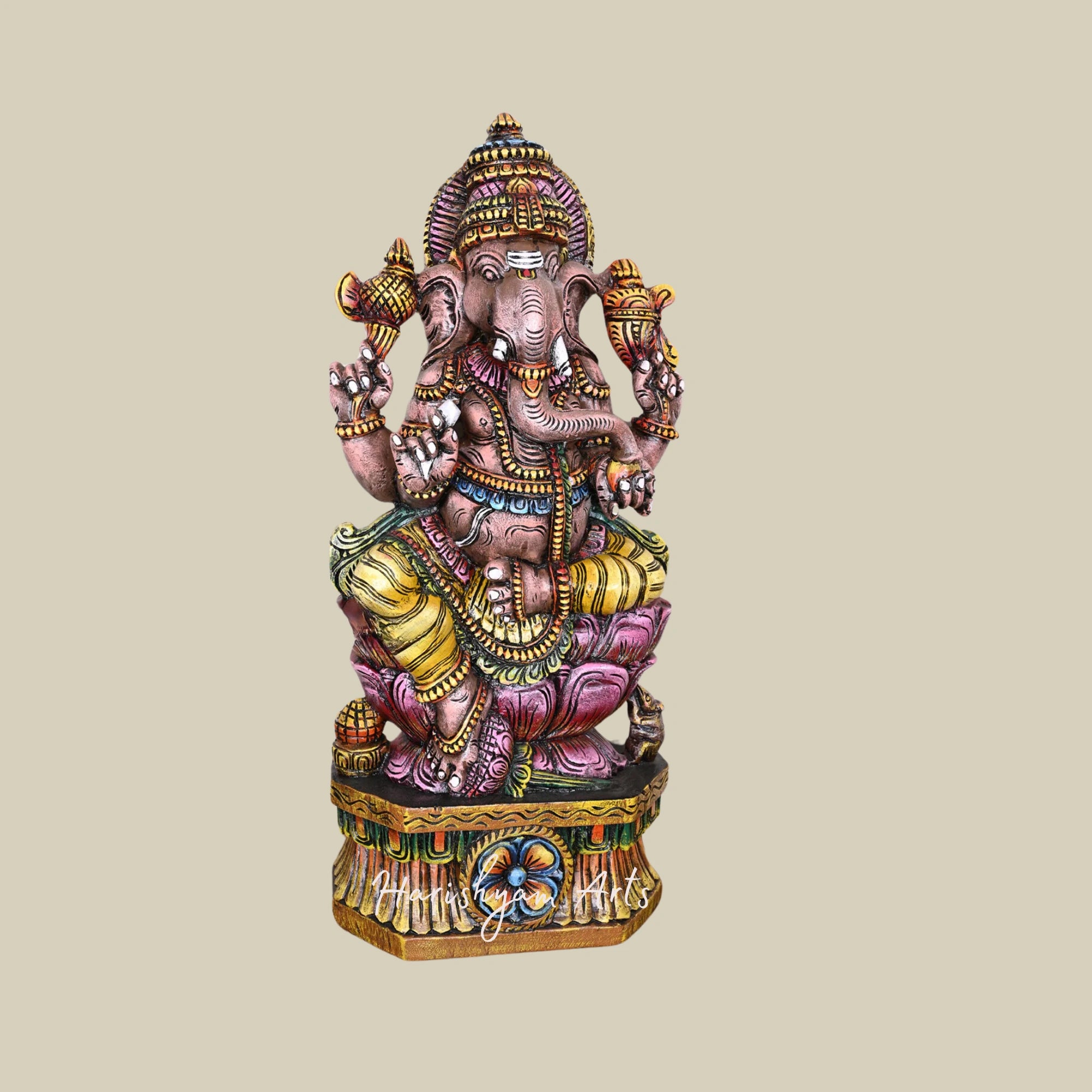 36" Maha Ganesha Wooden Sculpture on Pink Lotus with Multicolored Handcrafted Detailing4