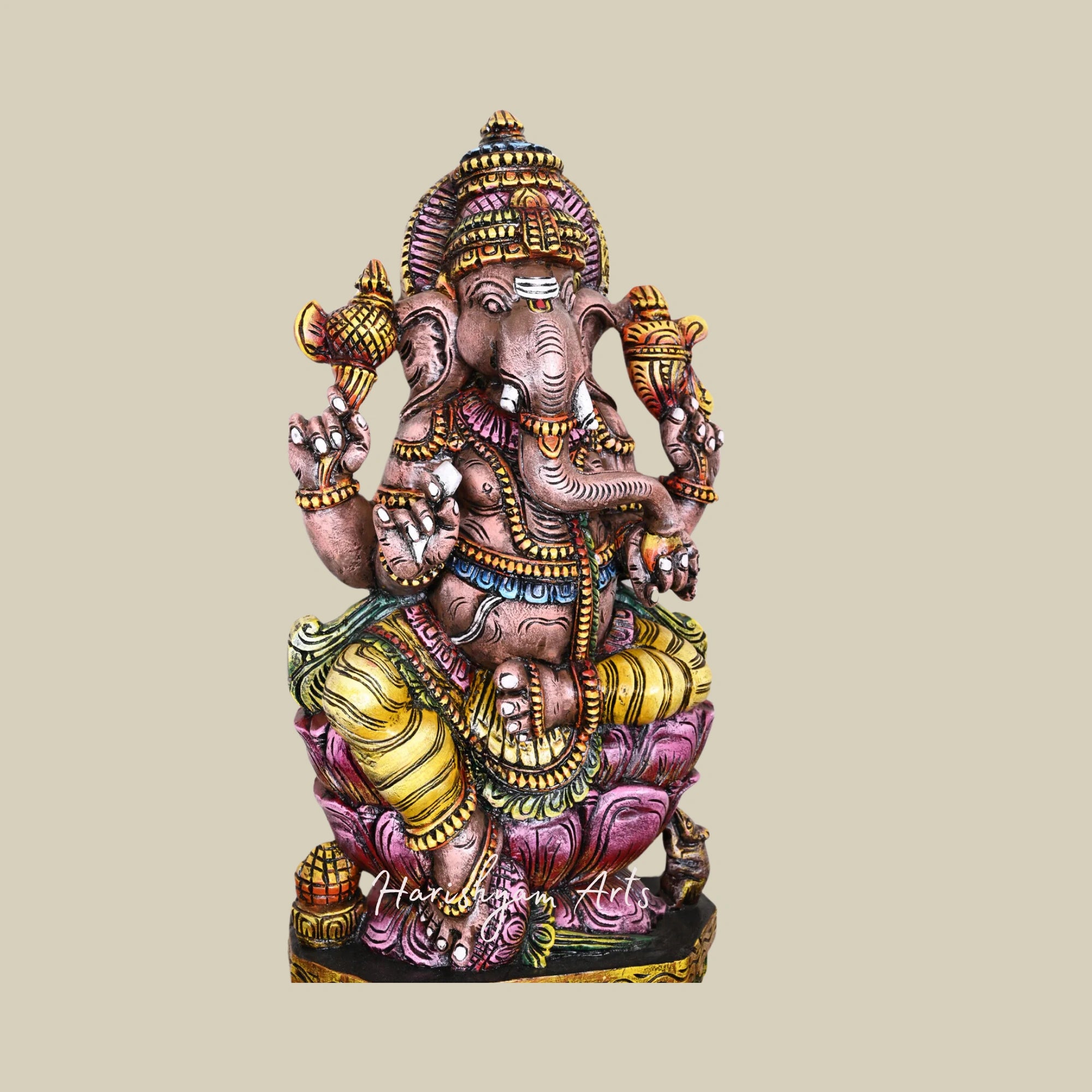 36" Maha Ganesha Wooden Sculpture on Pink Lotus with Multicolored Handcrafted Detailing5